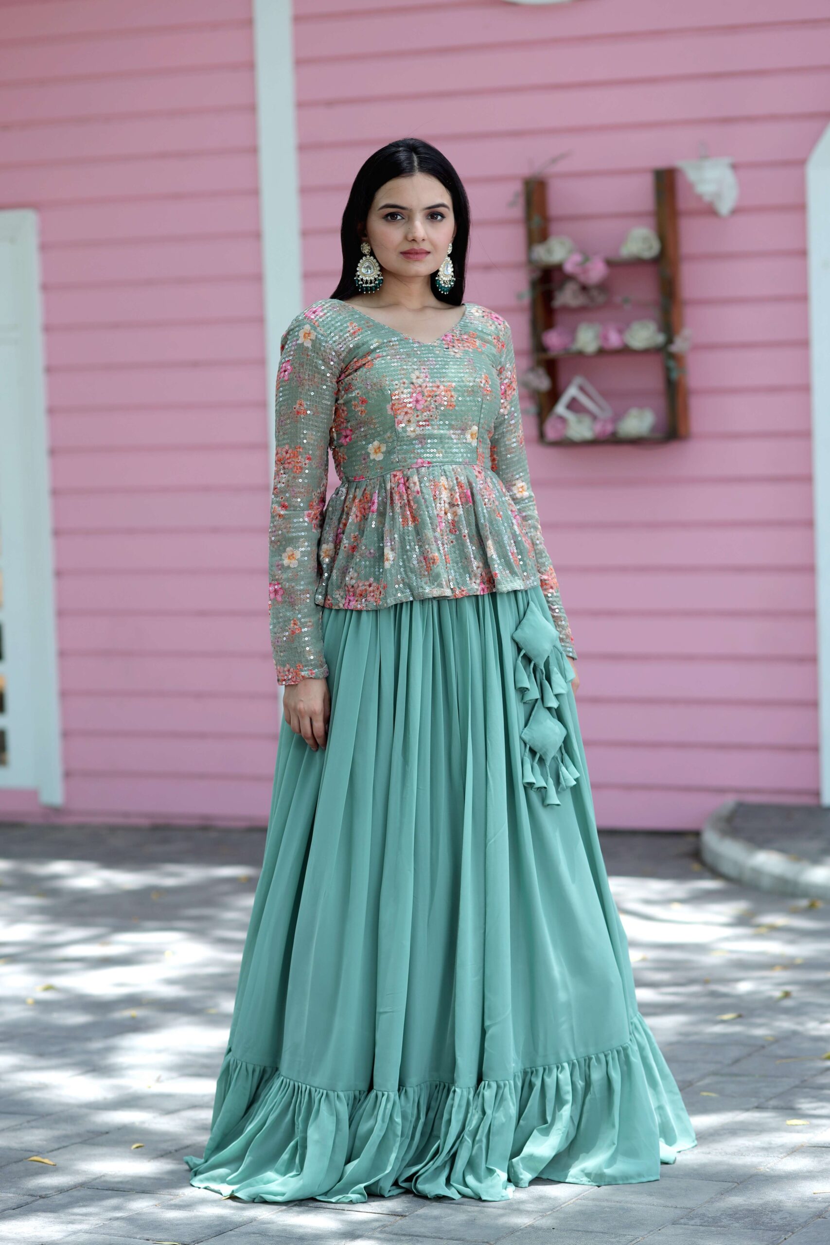 Premium Faux Georgette Lehenga with Floral Print & Sequins Embroidered Blouse