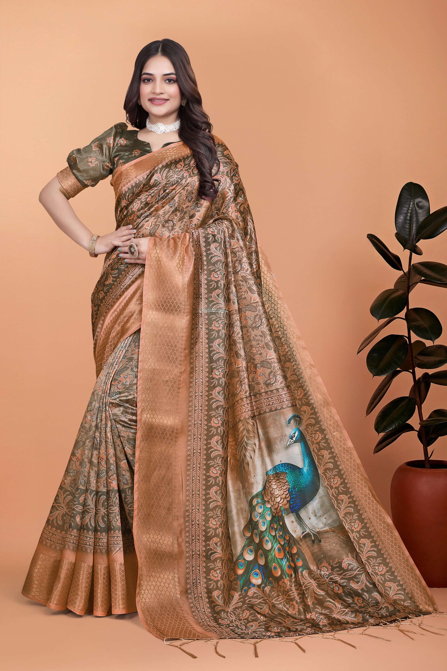 Bronze & Olive Green Soft Silk Saree with Majestic Peacock Pallu - Image 5