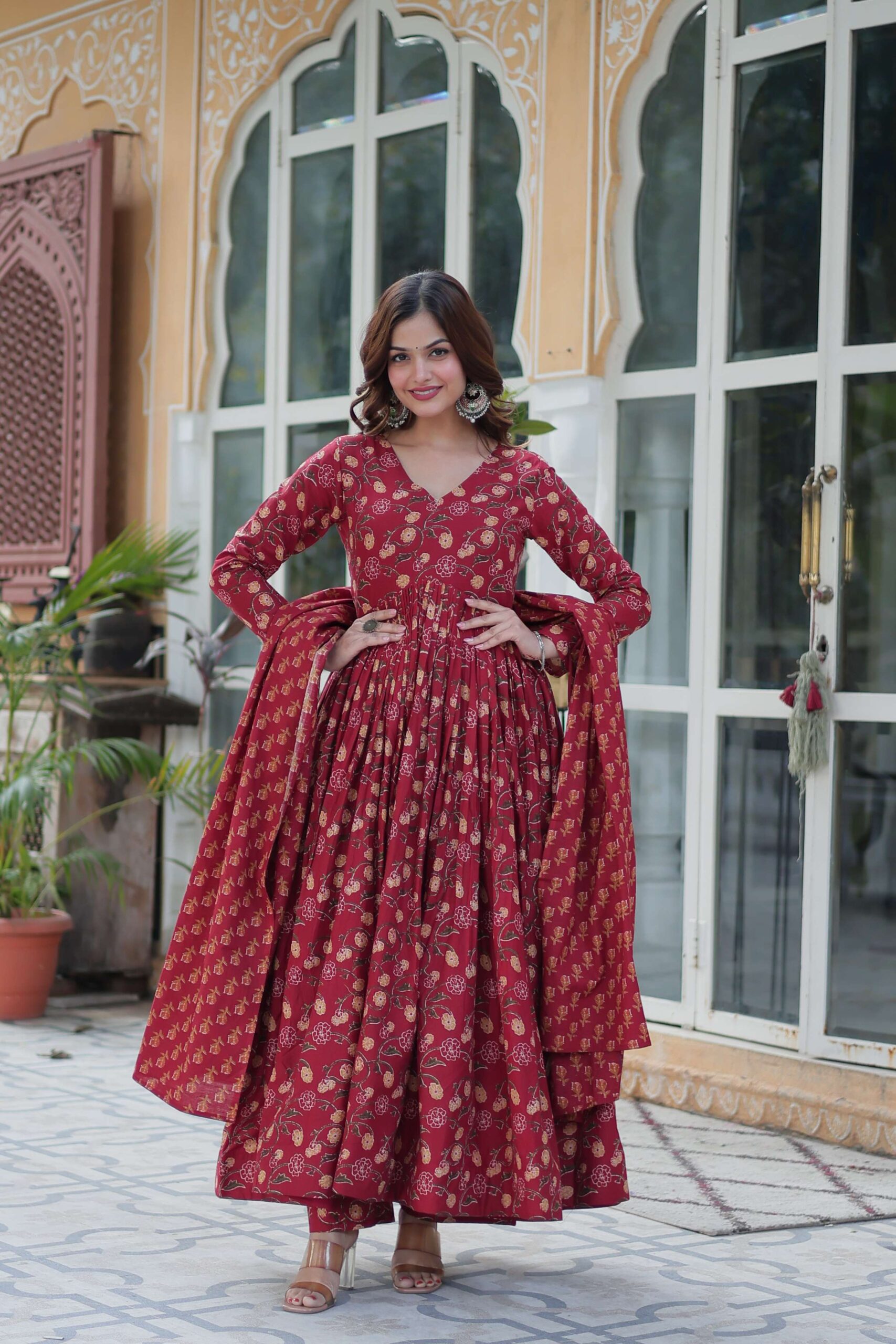 Maroon Premium Cotton Gown with Pant & Dupatta Set