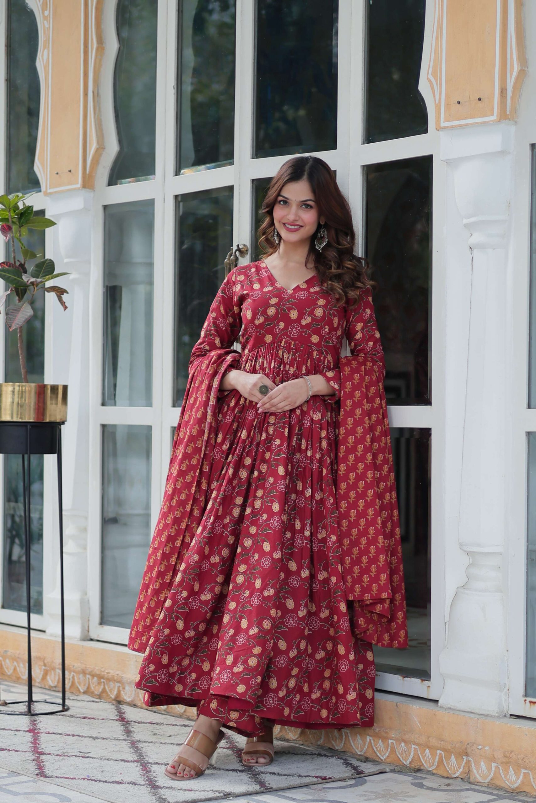 Maroon Premium Cotton Gown with Pant & Dupatta Set - Image 3