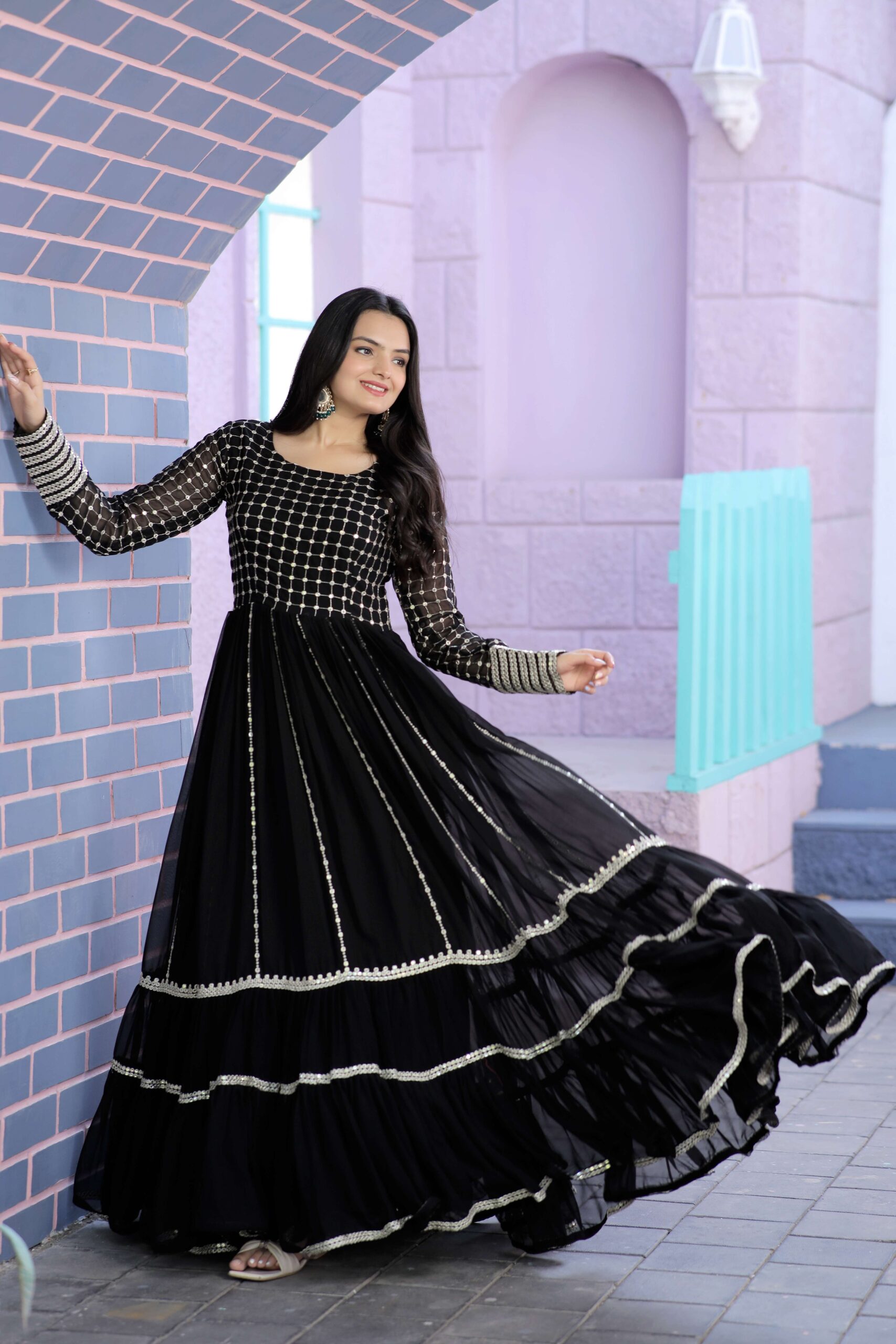 Black Premium Faux Blooming Designer Gown with Sequins & Zari Embroidery ? Elegant Ready-to-Wear Dress