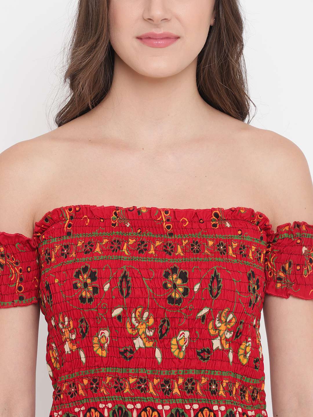 Women's Rayon Printed Off-Shoulder Smocked Crop Top Short Sleeve Casual Styles Tank Top (FREE SIZE) Multi6 - Image 4