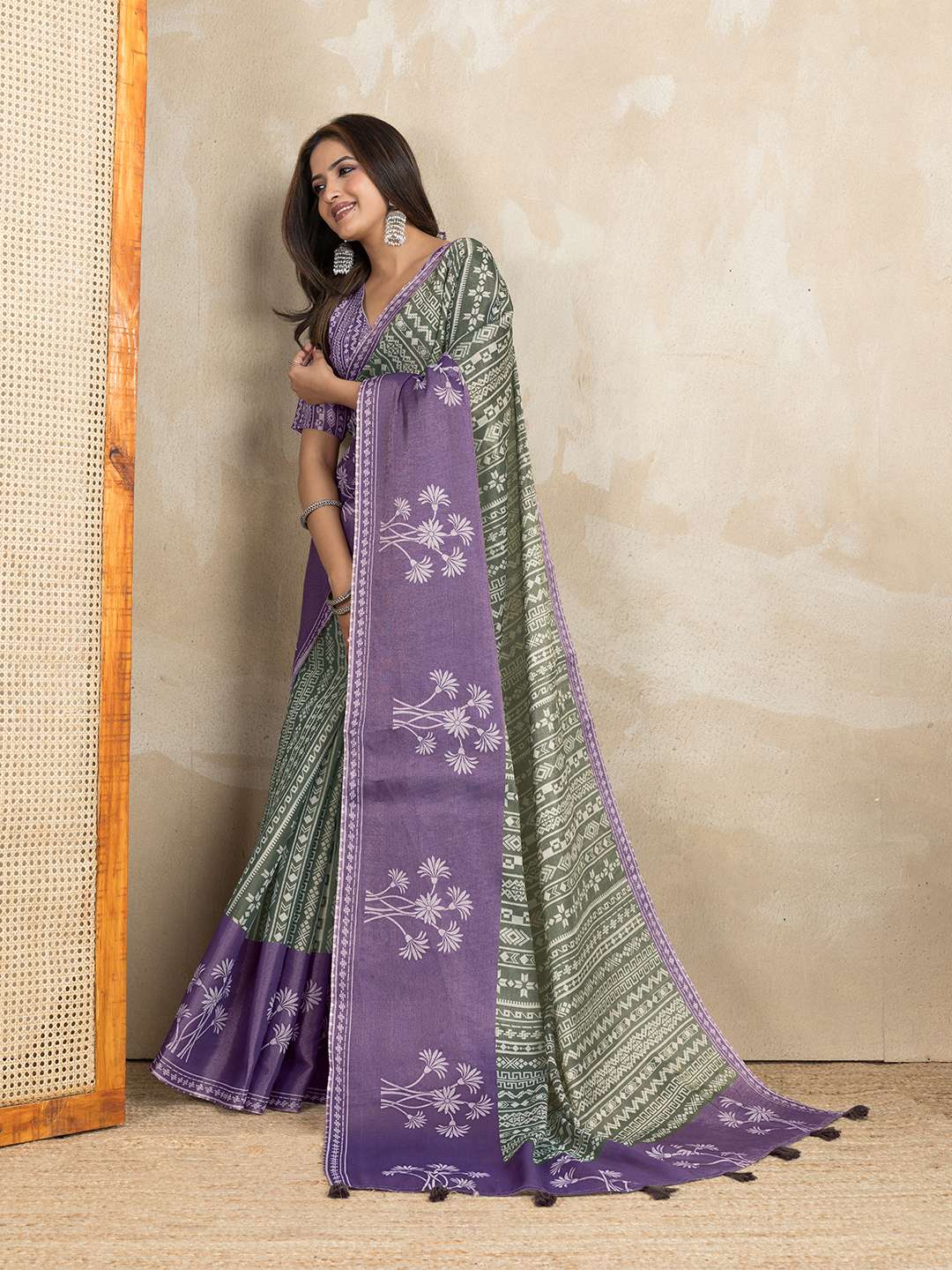 Elegant Teal Green and Mauve Pink Linen Saree with Geometric and Floral Prints