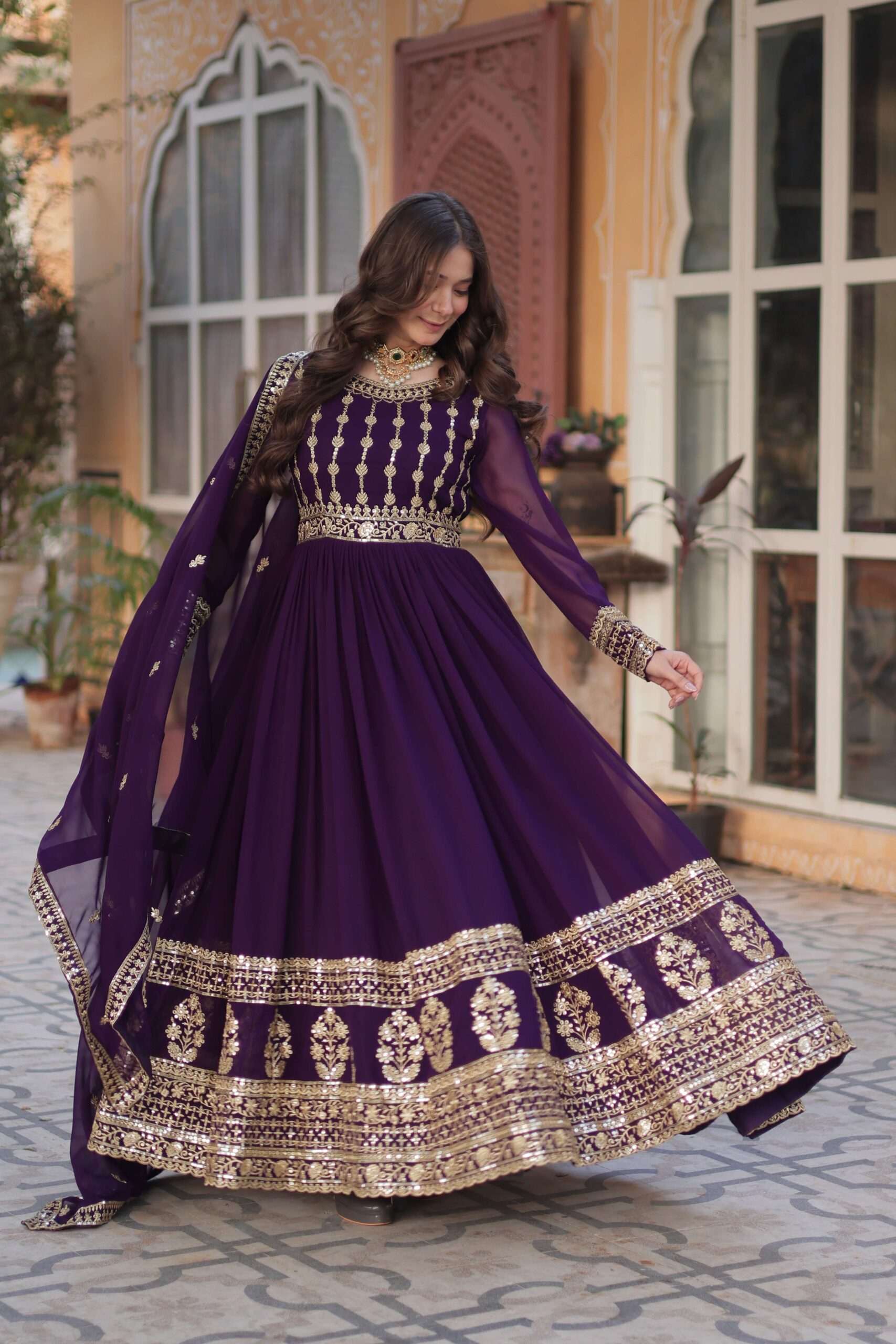 Purple Faux Blooming Gown with Zari & Sequins Embroidered Dupatta with Designer Lace Border - Image 2