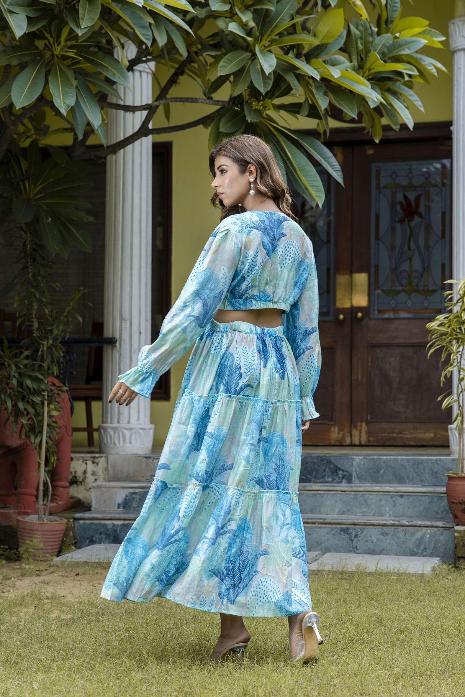 Women's Silk Printed V-Neck Long Bell Sleeves Tiered Maxi Dress Gown - Image 2