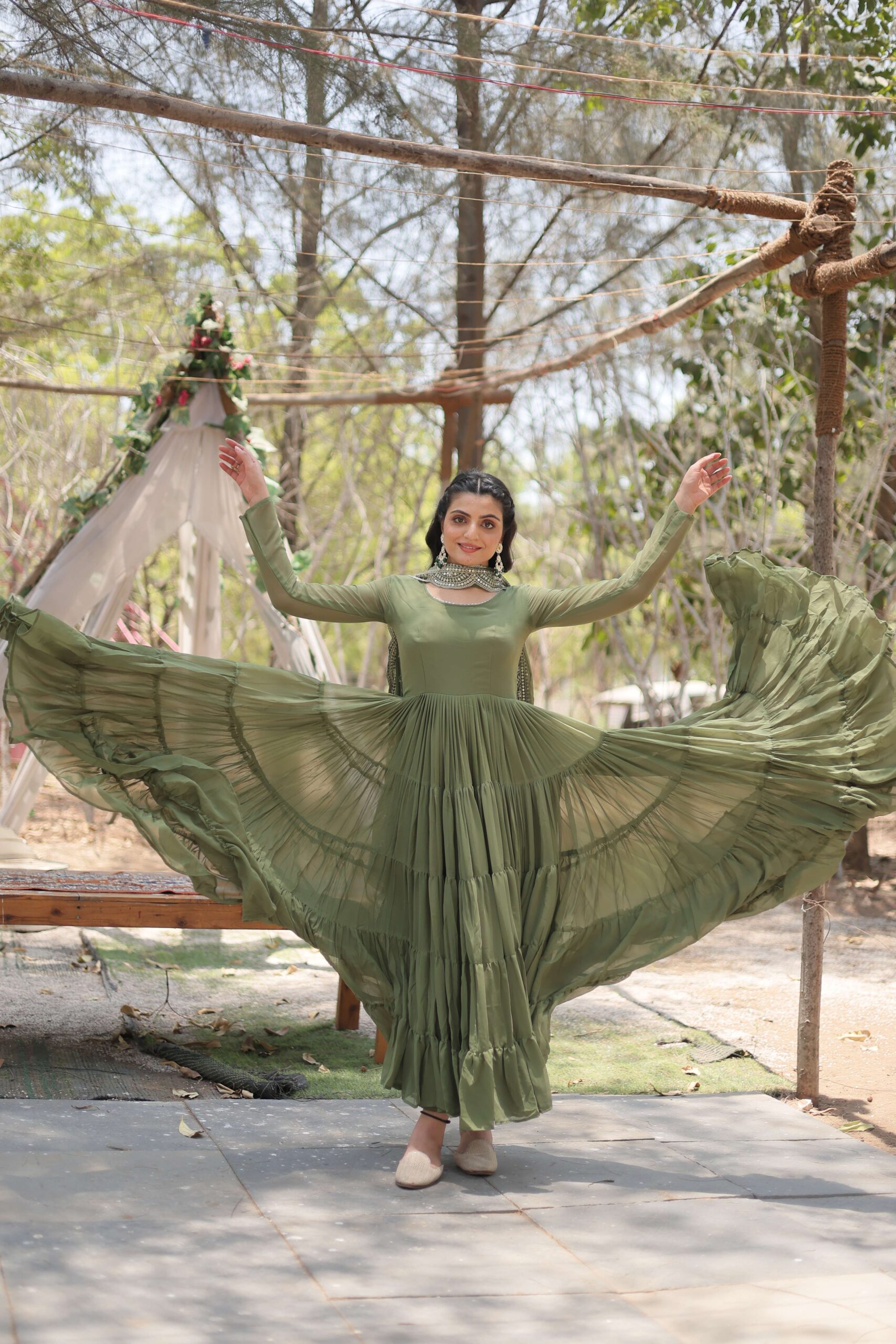 Mehandi Premium Faux Georgette Designer Gown with Sequined Dupatta ? Fully Flaired Ready-to-Wear Set - Image 3