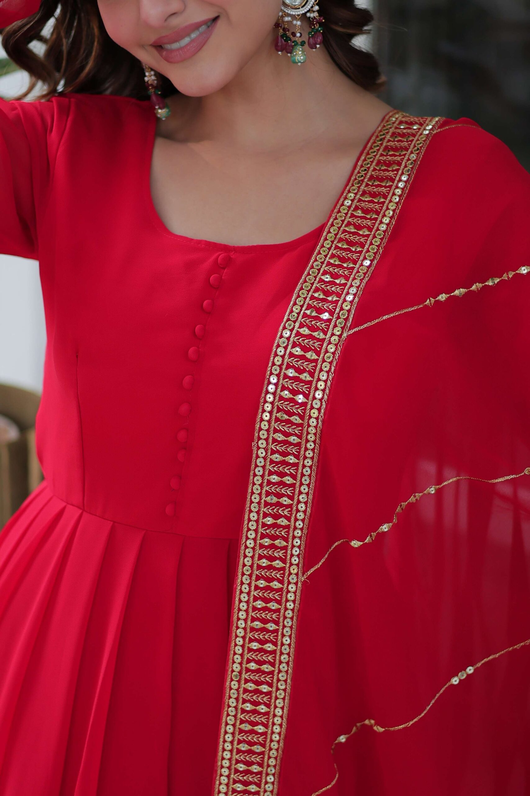 Red Faux Blooming Gown with Multi-Sequins Embroidered Dupatta - Image 4