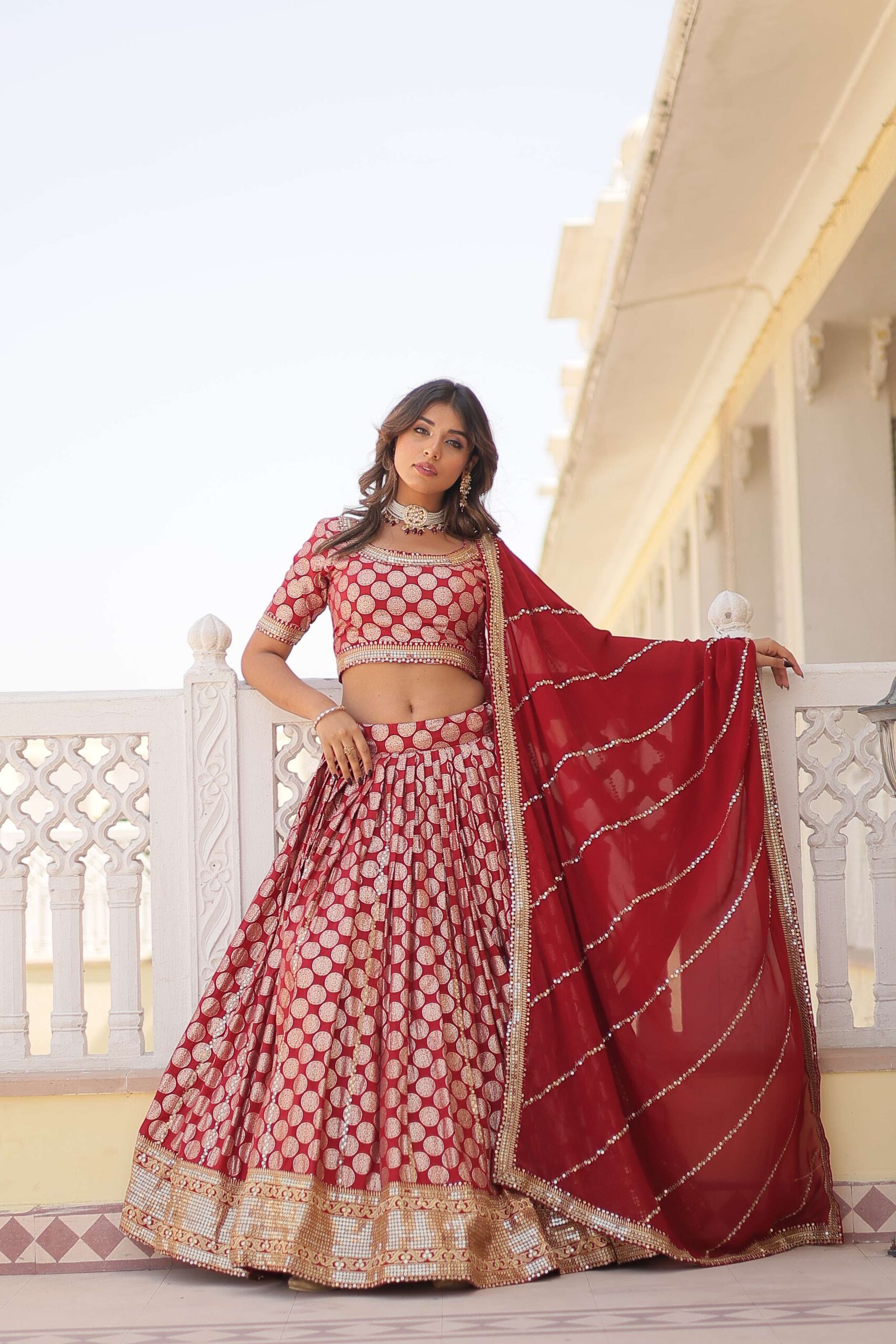 Designer Dyable Viscose Jacquard Lehenga Choli with Sequins Dupatta - Image 2