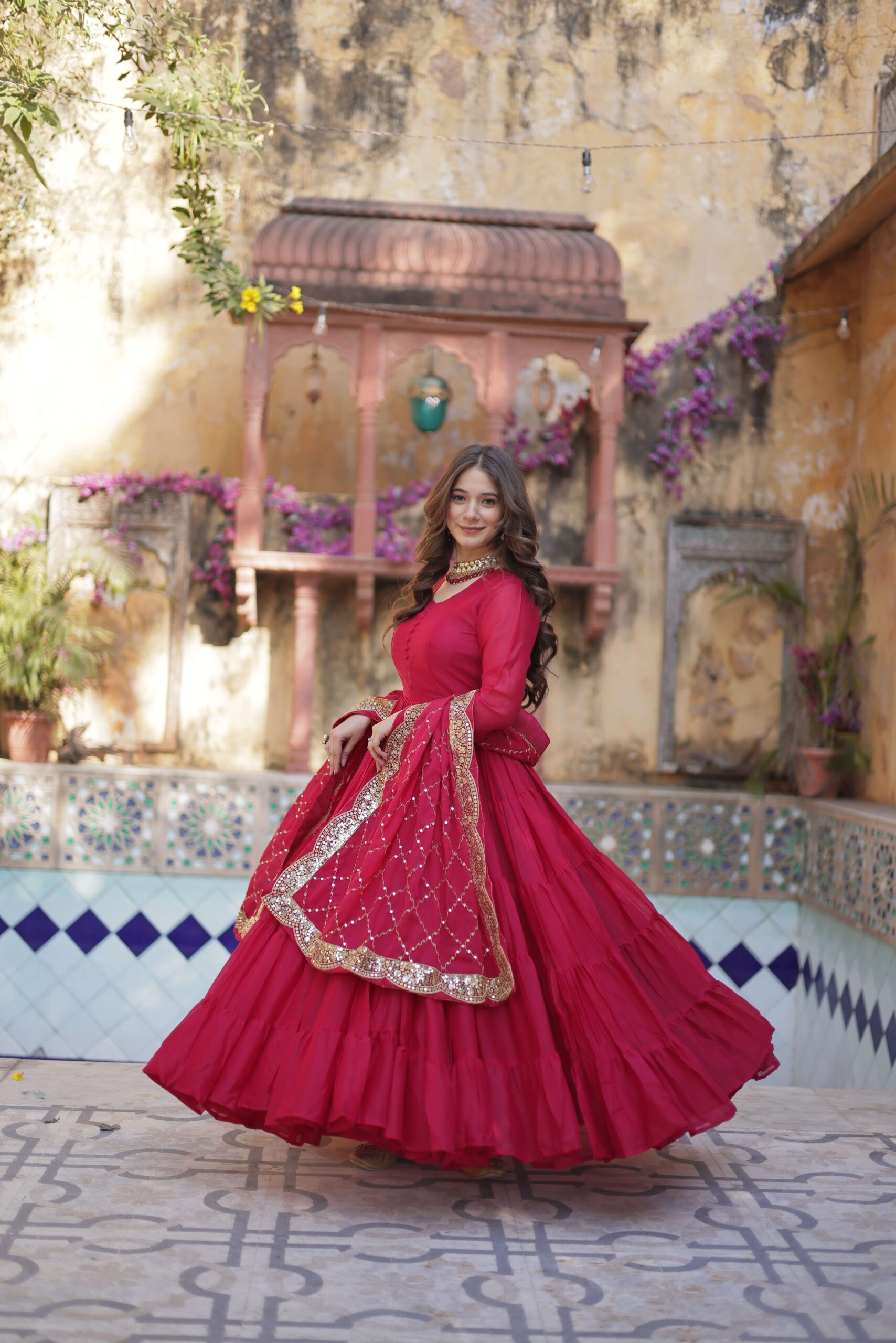 Pink Star Georgette Fully Flared Gown with Sequins Embroidered Dupatta - Image 3