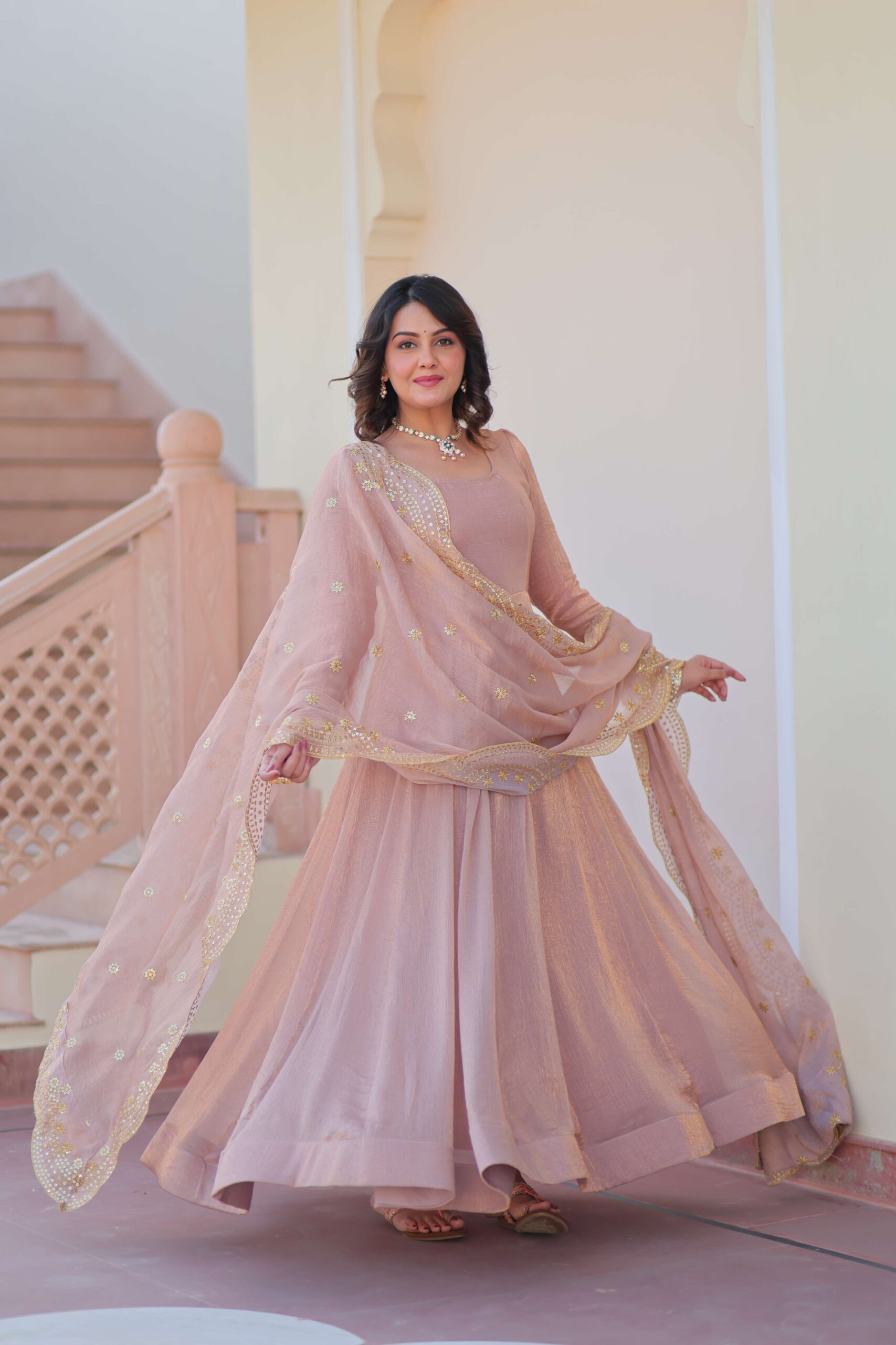 Chiku Premium Fendy Chiffon Gown with Sequins & Zari Embroidered Dupatta ? Elegant Partywear