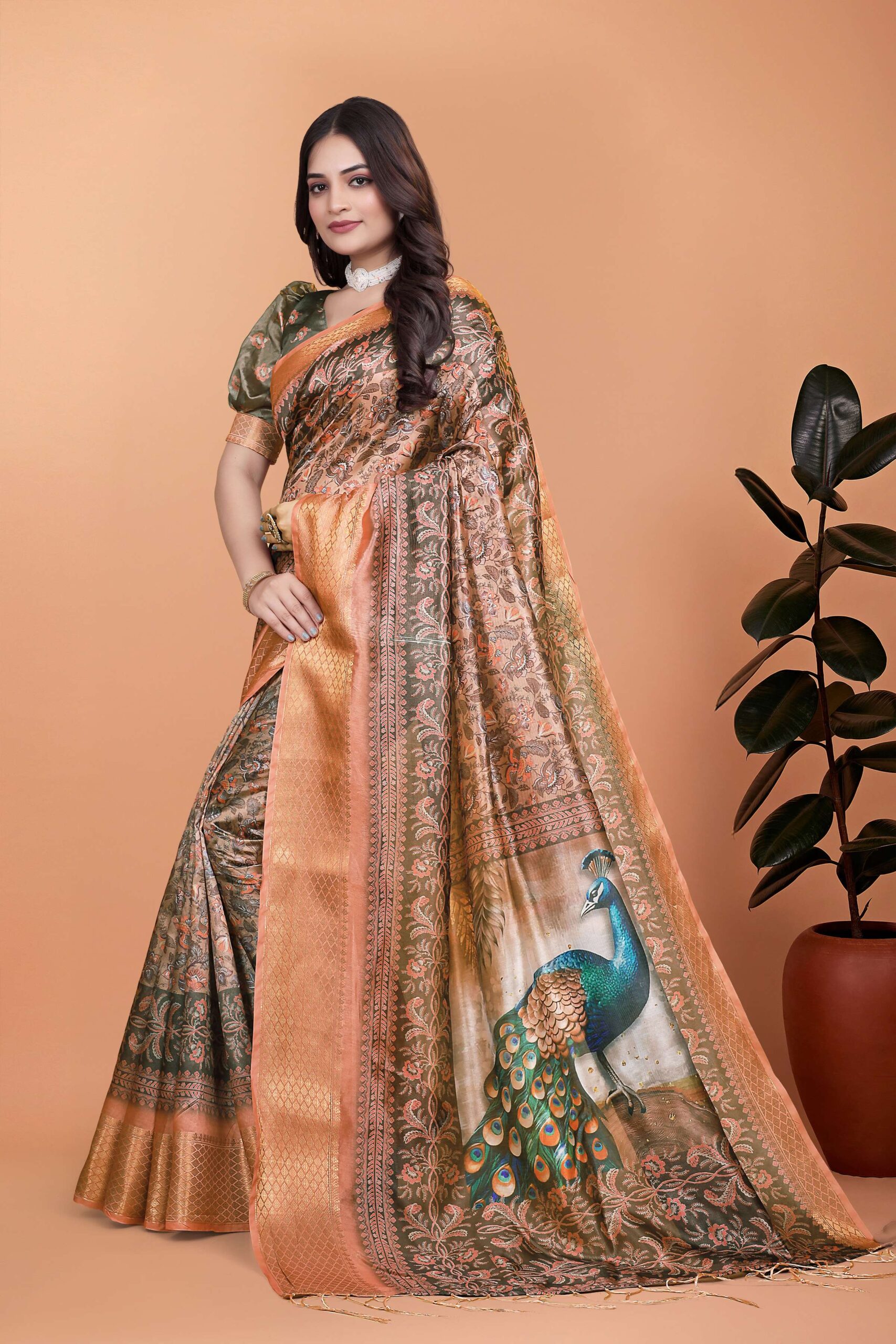 Bronze & Olive Green Soft Silk Saree with Majestic Peacock Pallu - Image 3