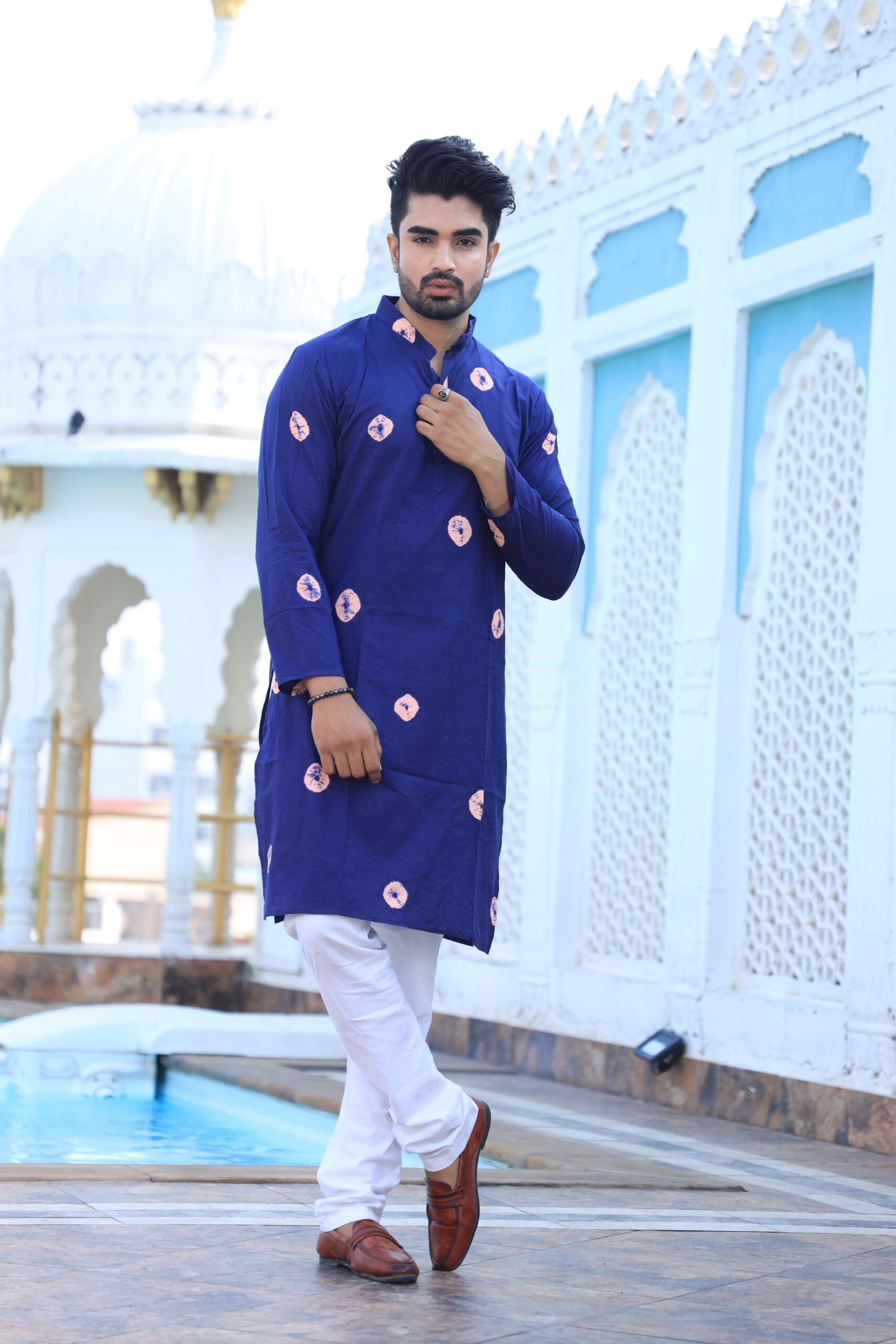 Mens Navy Blue Printed Cotton Kurta with White Pajama ? Traditional Ethnic Wear for Festive & Wedding - Image 2