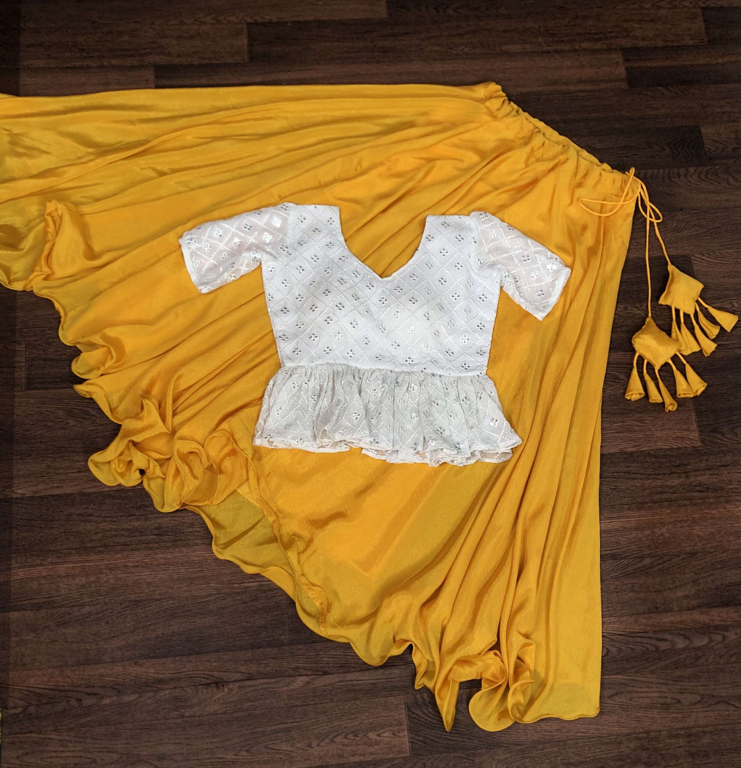 Premium Chinnon Umbrella Flair Lehenga with Chikankari Embroidered Peplum Blouse - Image 3