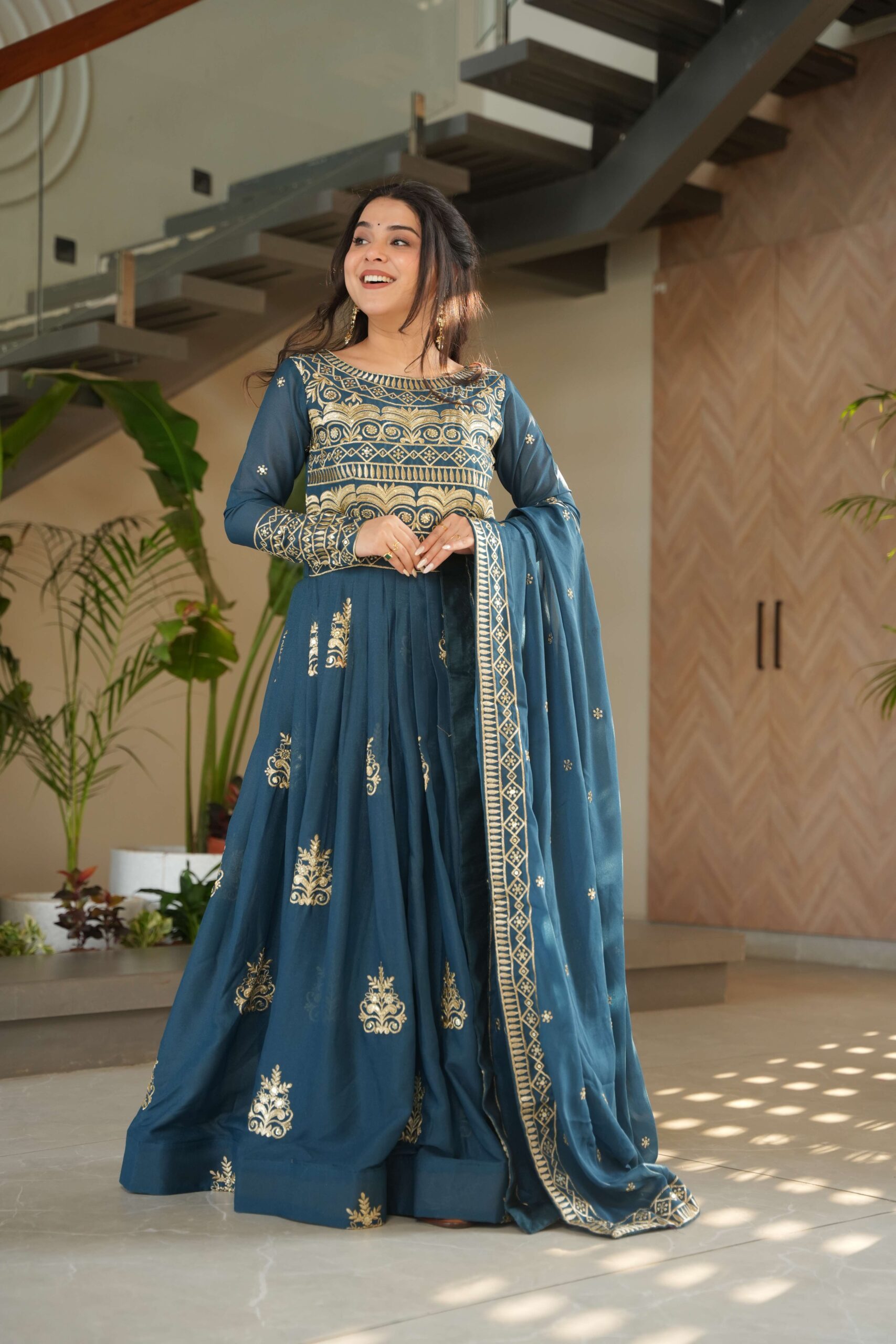 Rama Premium Chinnon Gown with Dupatta ? Sequins & Embroidery Work - Image 5