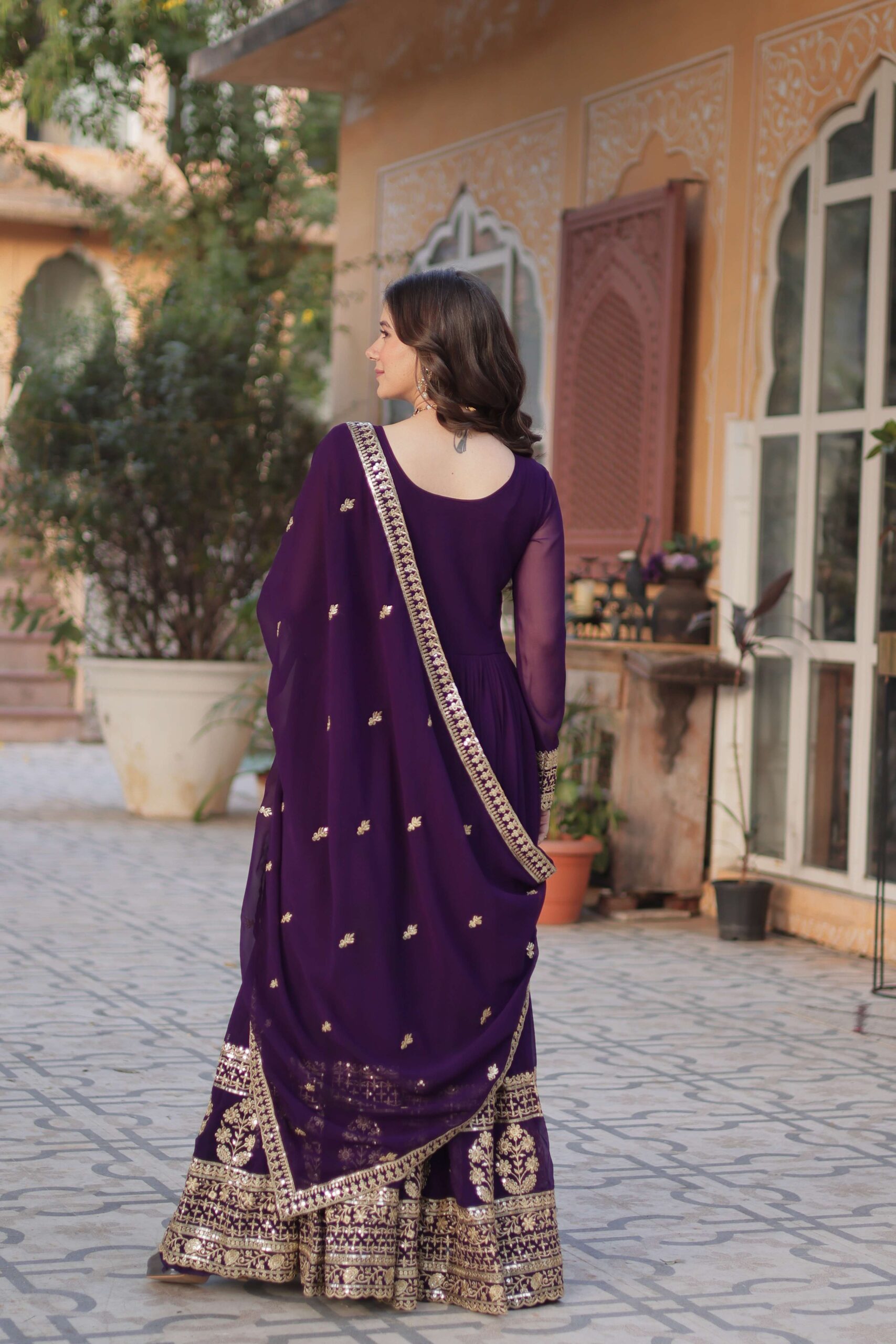 Purple Faux Blooming Gown with Zari & Sequins Embroidered Dupatta with Designer Lace Border - Image 7