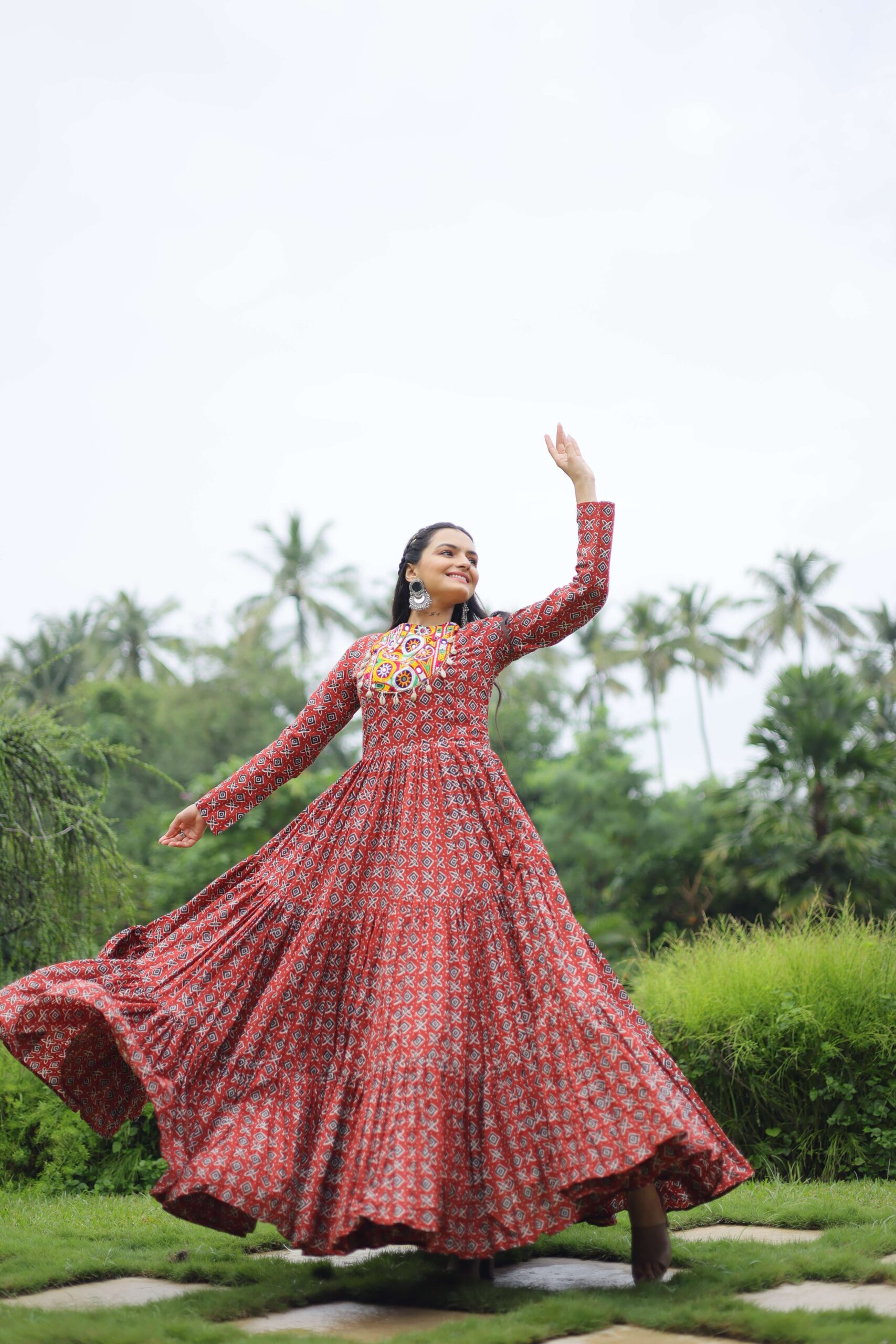 Maroon Designer Printed Cotton Gown with Kutchi Gamthi Lace & Kodi Work ? Maroon