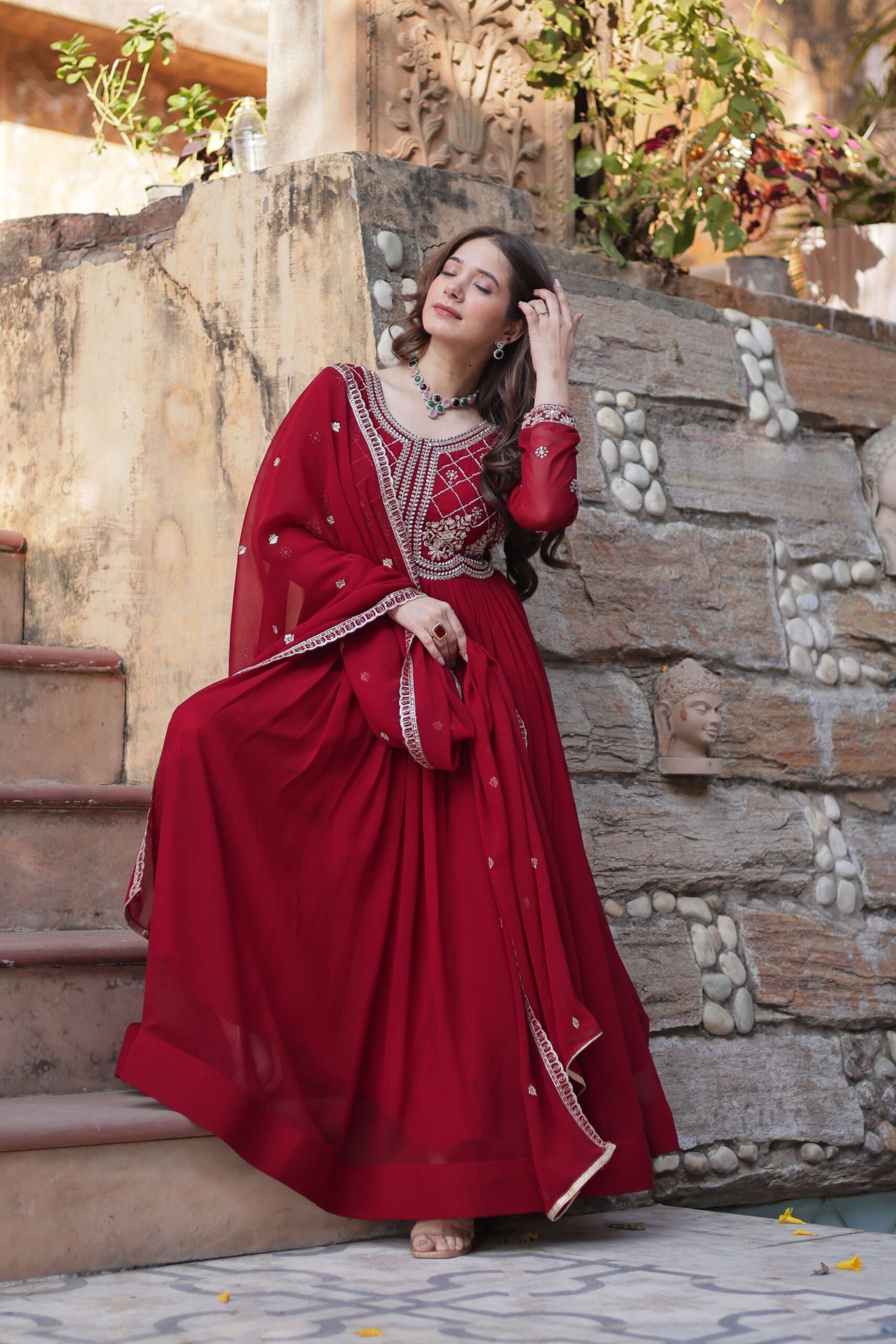 Maroon Faux Blooming Gown with Sequins & Beads Embroidered Dupatta - Image 6