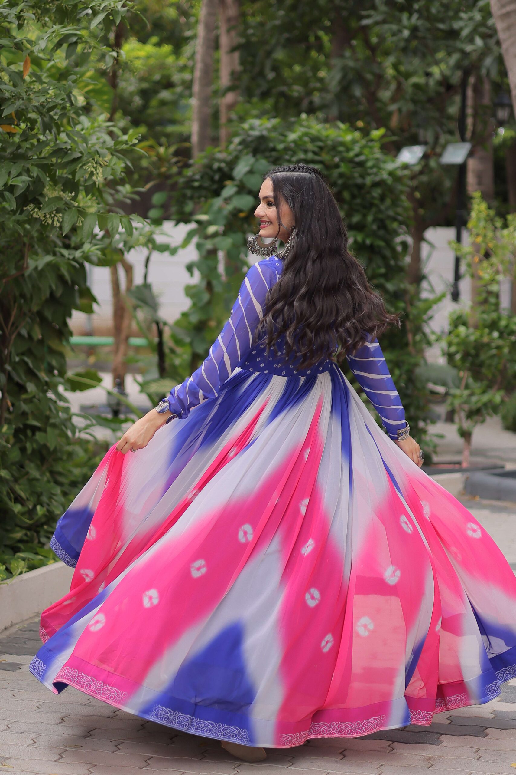 Purple Faux Georgette Bandhej Navratri Gown with Gamthi Embroidery & Mirror Work ? Elegant Ethnic Wear for Women - Image 4