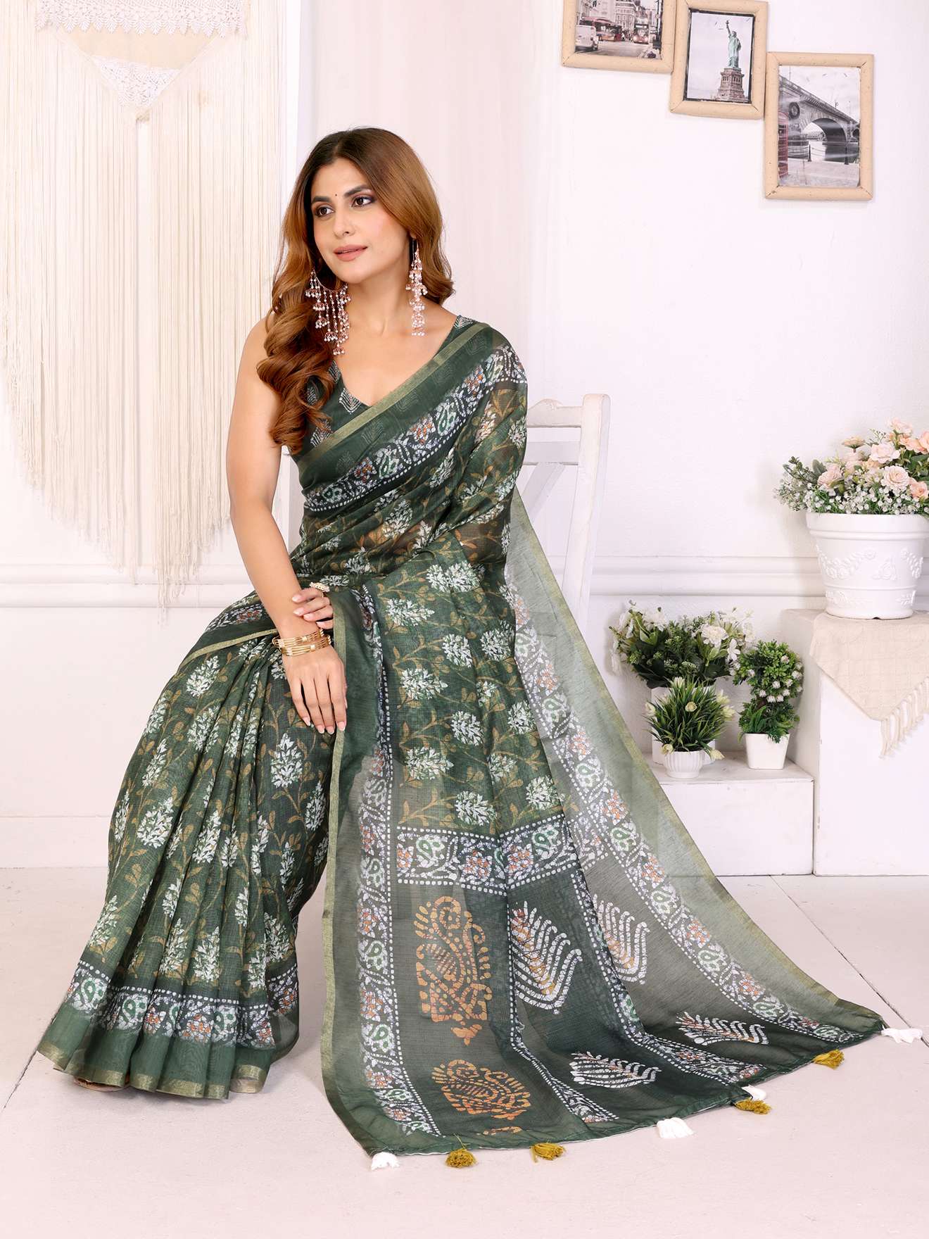 Elegant Deep Olive Green Chanderi Saree with Pastel Digital Floral Print ? Festive & Stylish - Image 3