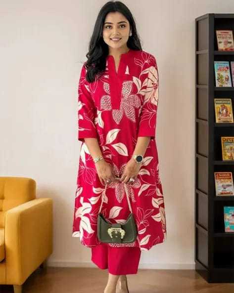 Women's Cotton Floral Printed Straight Kurti With Pant Set - Image 3