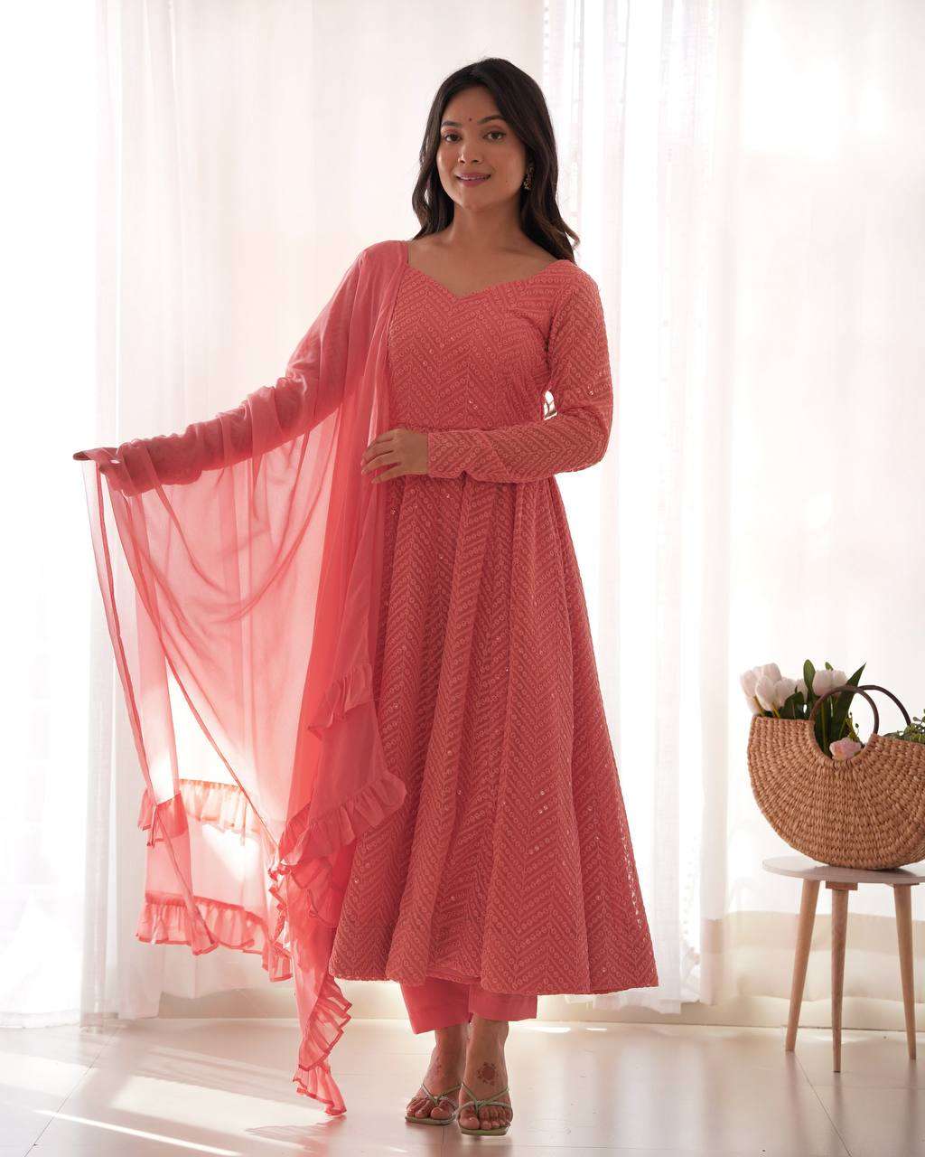 Womens Pure Romansilk Chanderi Embroidered Anarkali Kurti With Dupatta & Pant Set - Image 5