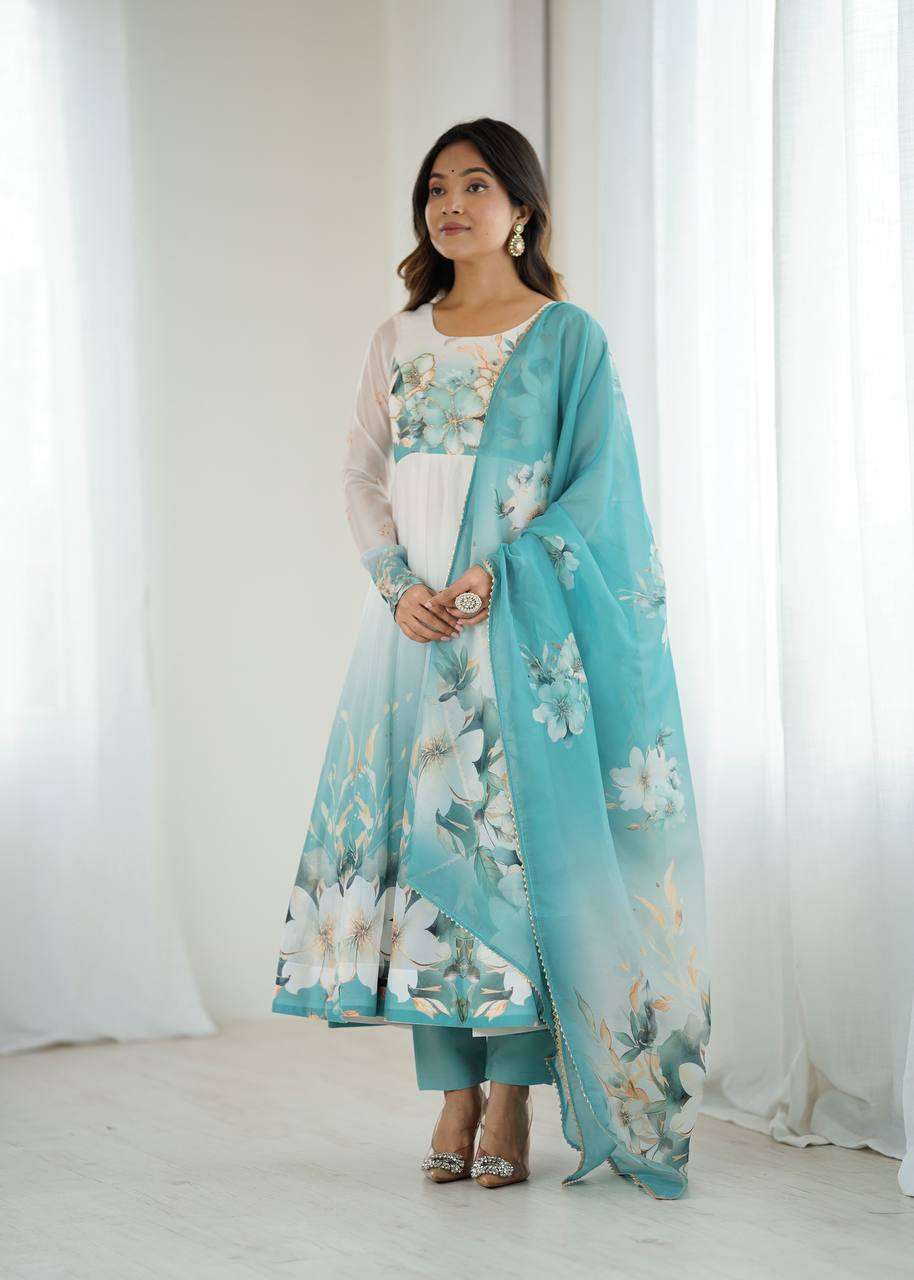 Womens Pure Romansilk Chanderi Floral Printed Anarkali Kurti With Dupatta & Pant Set - Image 2