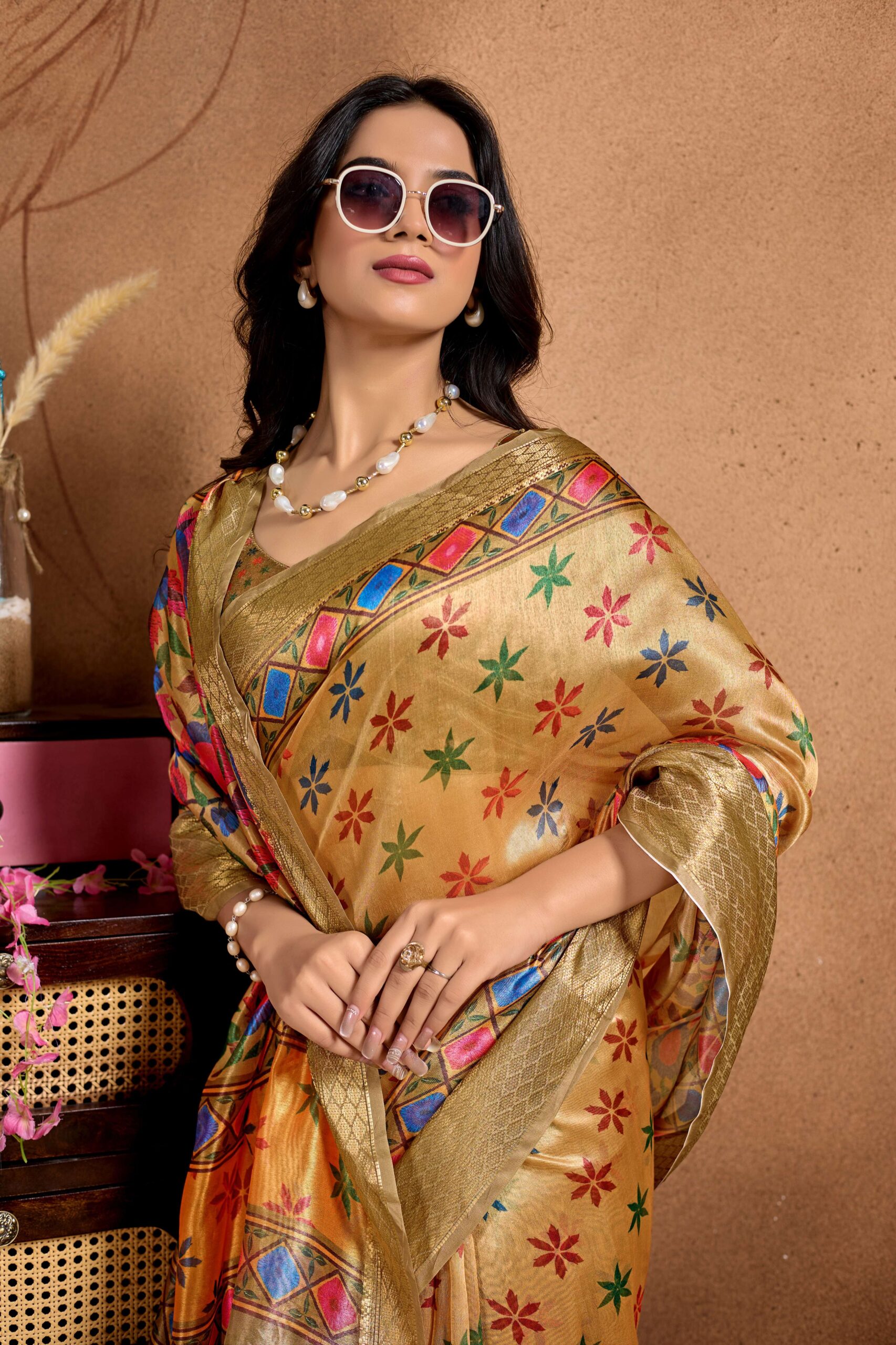 Golden Soft Silk Blend Saree with Multicolor Floral & Geometric Weave - Image 4