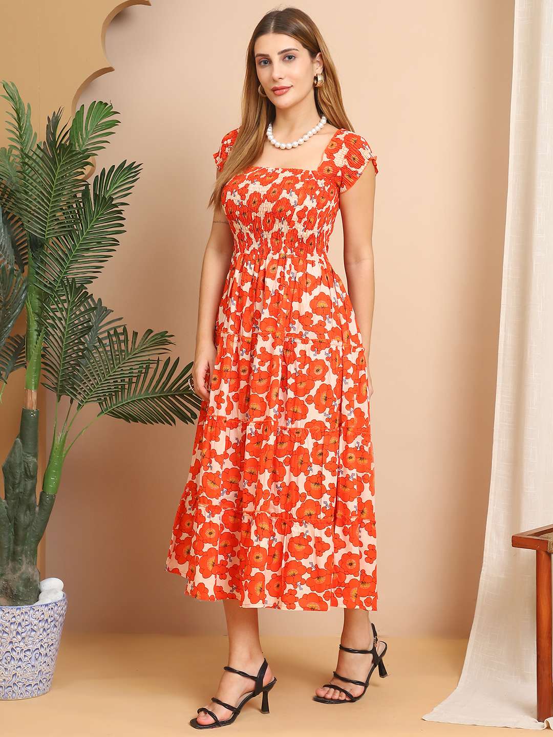 Women's Viscos Rayon Printed Off Shoulder Midi Dress For Summer And Casual Wear (Orange Floral) - Image 2