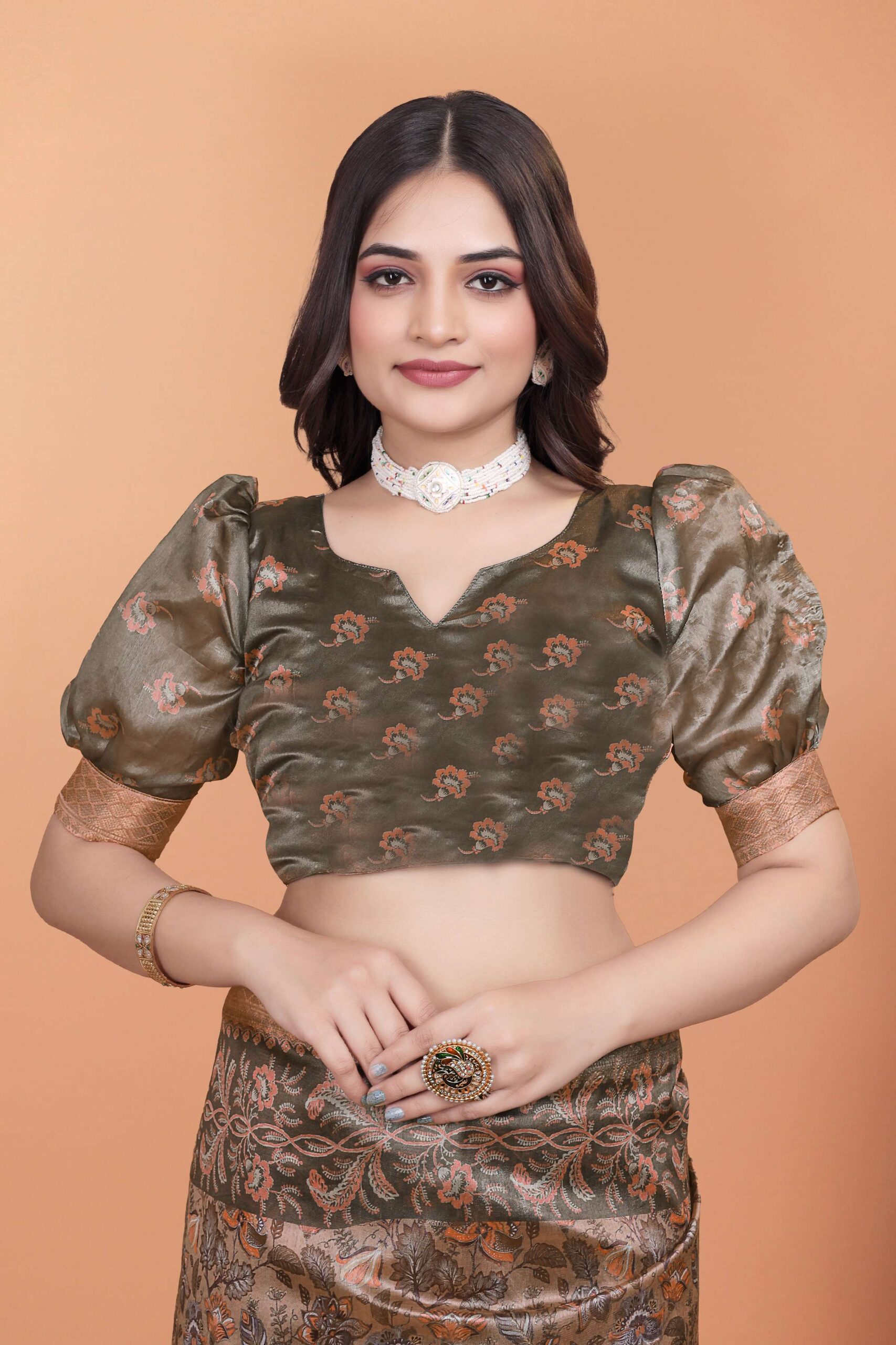 Bronze & Olive Green Soft Silk Saree with Majestic Peacock Pallu - Image 2