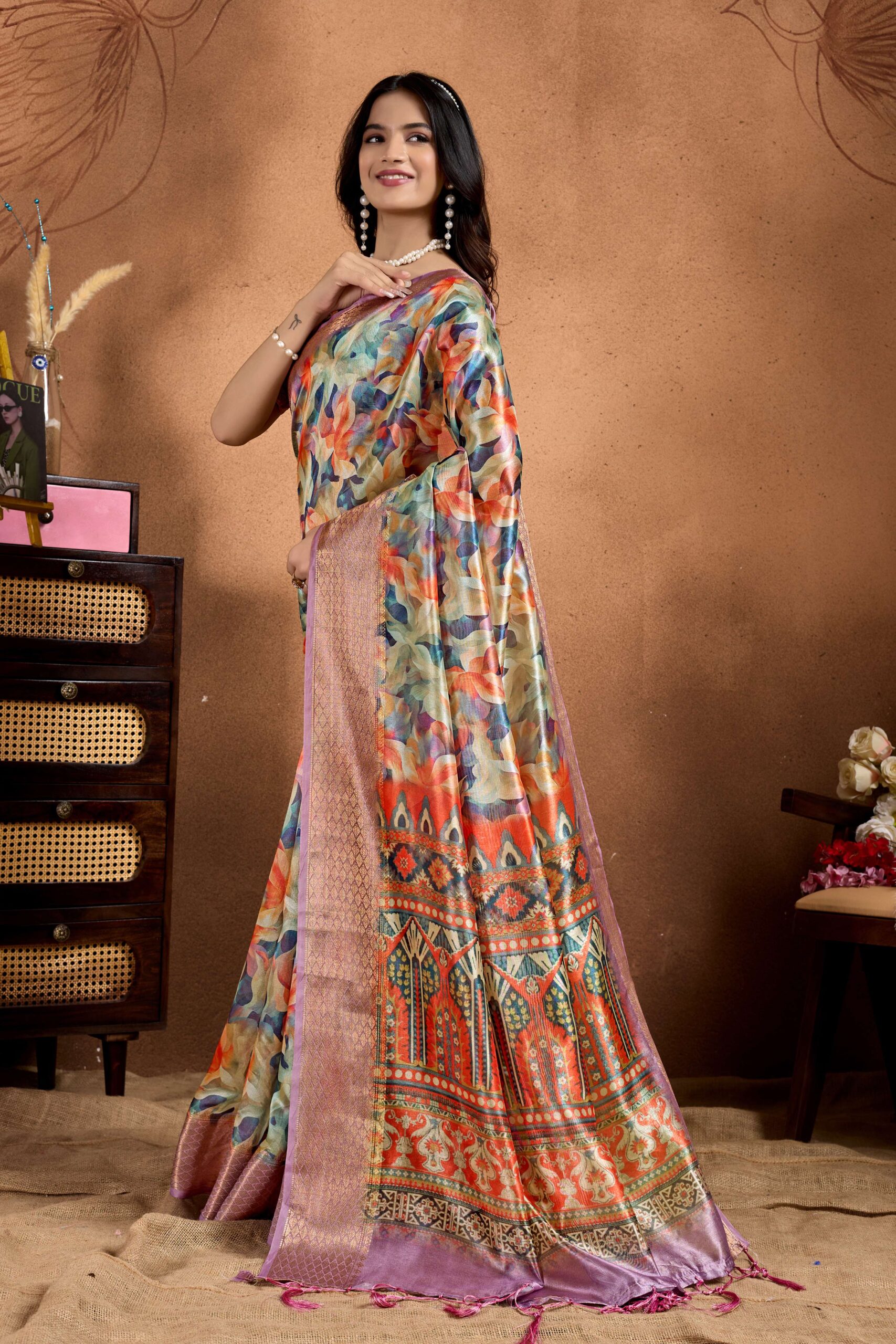Multicolor Soft Silk Saree with Ethnic Motif Pallu & Zari Border - Image 2