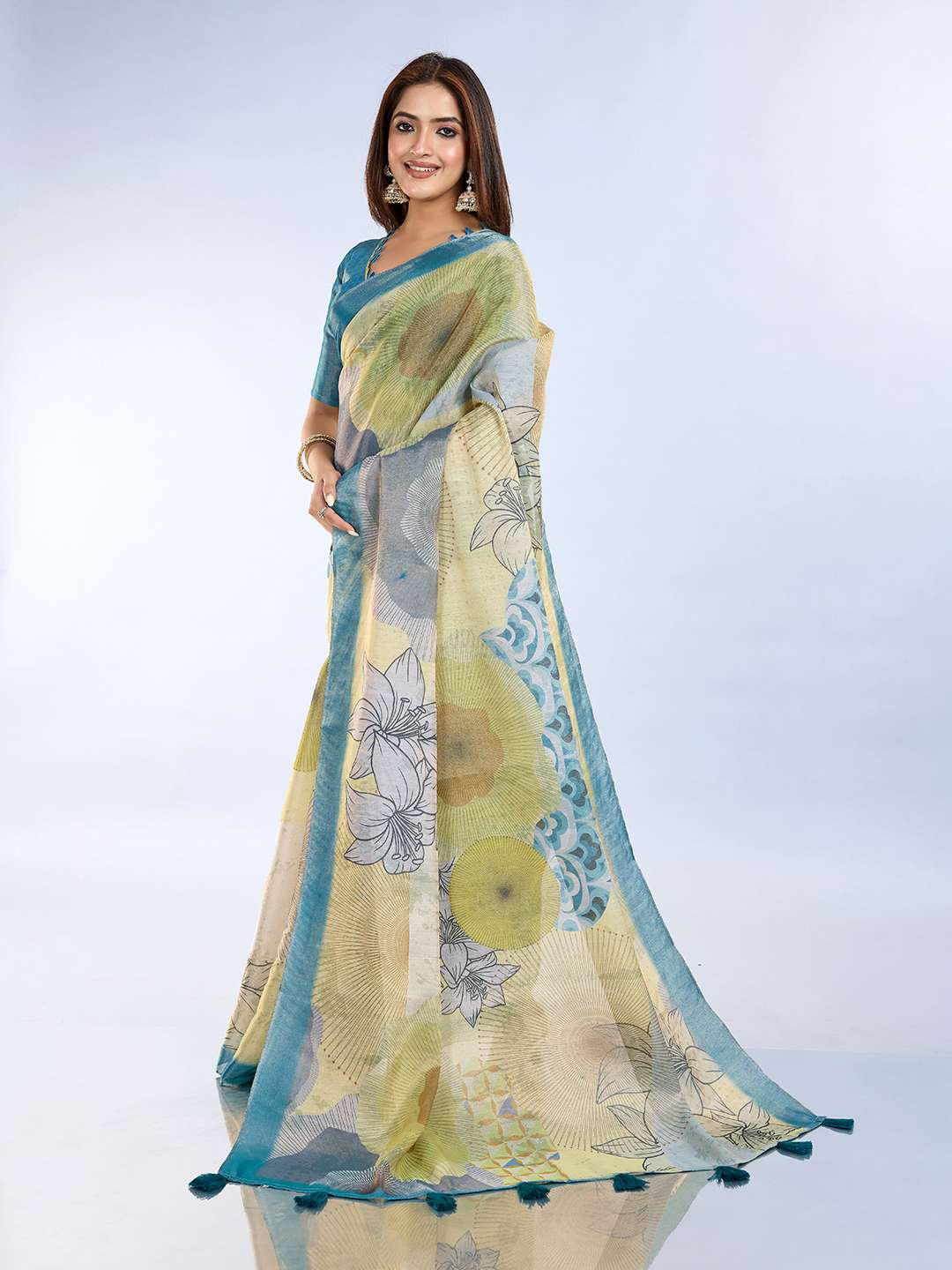 Elegant Teal Green and Mauve Pink Linen Saree with Geometric and Floral Prints - Image 6