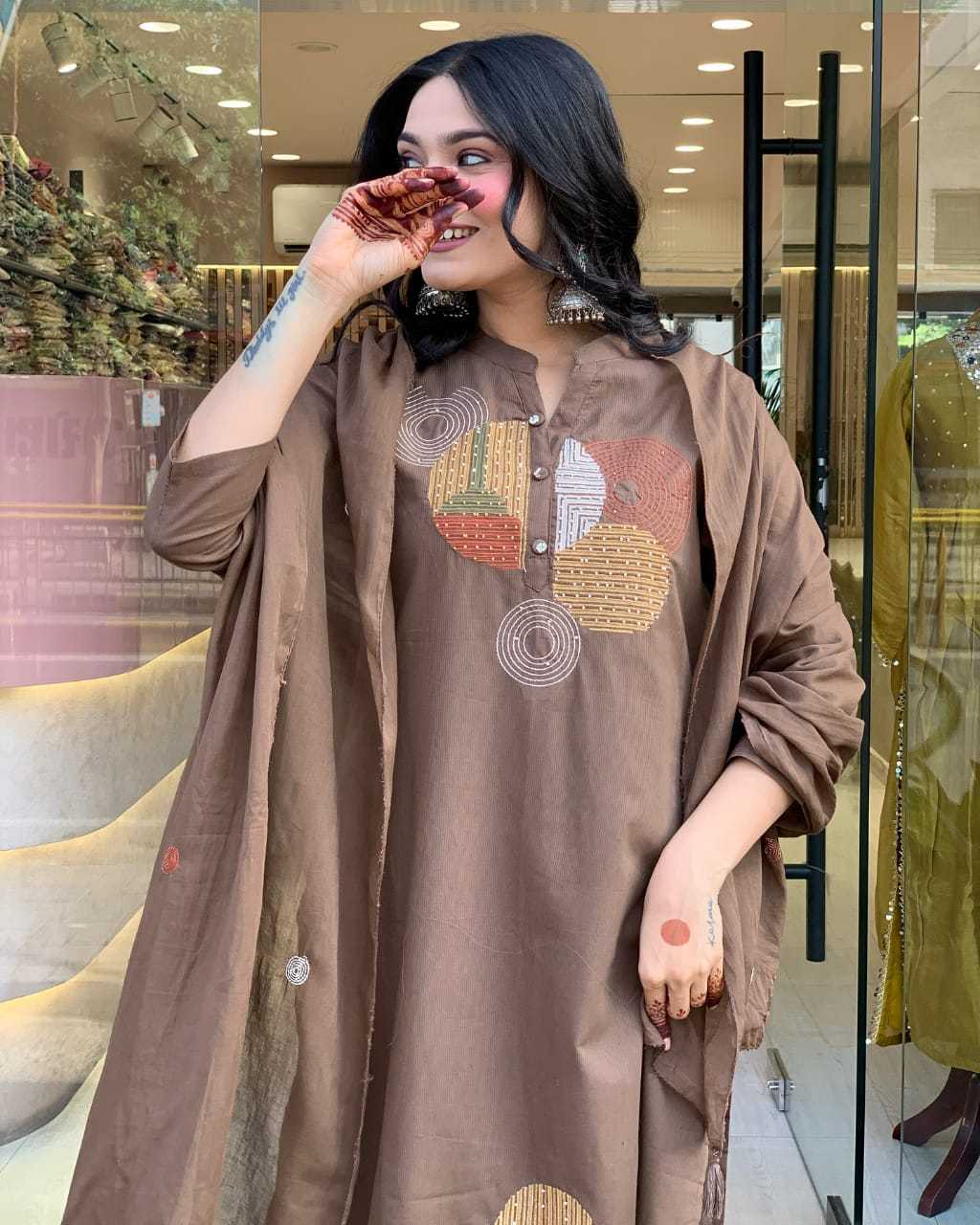 Women's Cotton Embroidery Straight Kurti Pant With Dupatta Set - Image 3