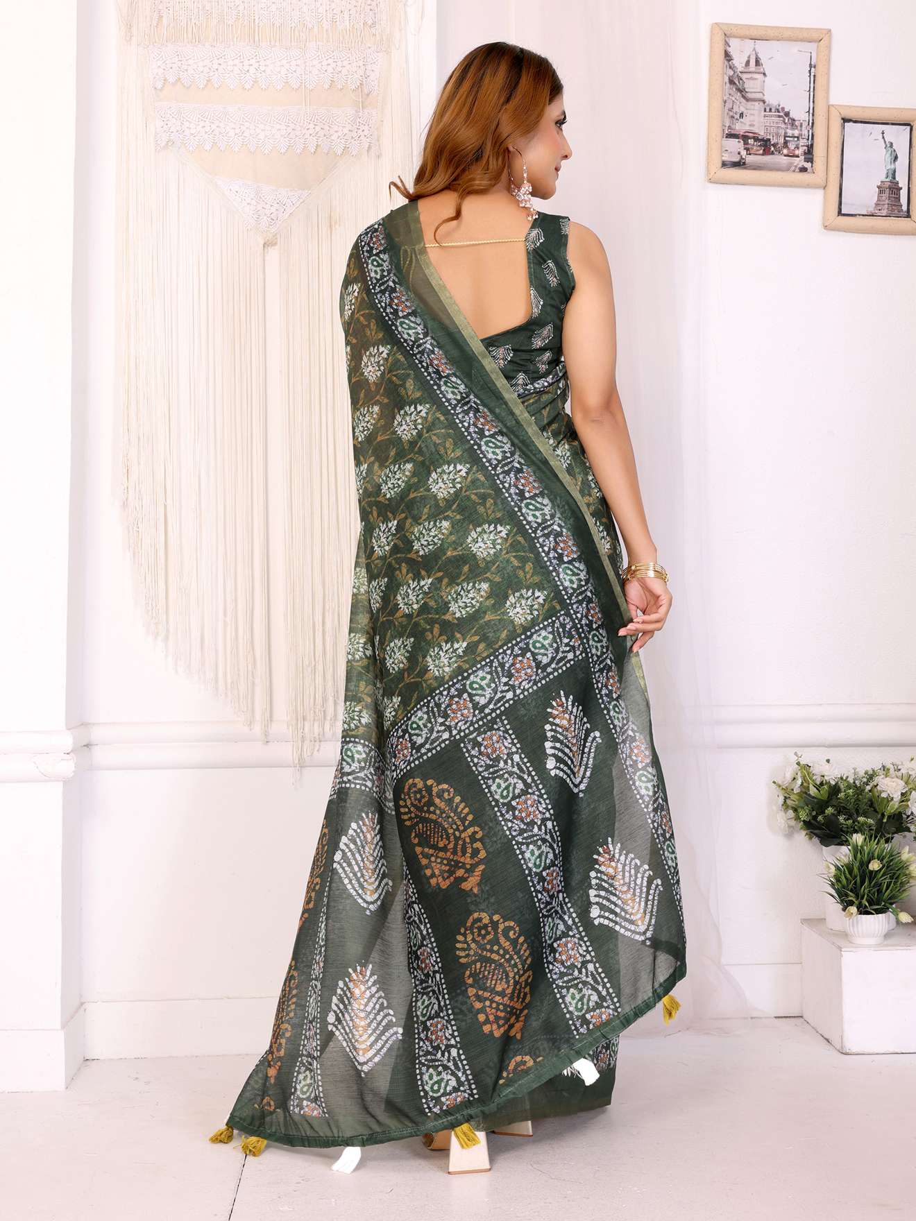 Elegant Deep Olive Green Chanderi Saree with Pastel Digital Floral Print ? Festive & Stylish - Image 5