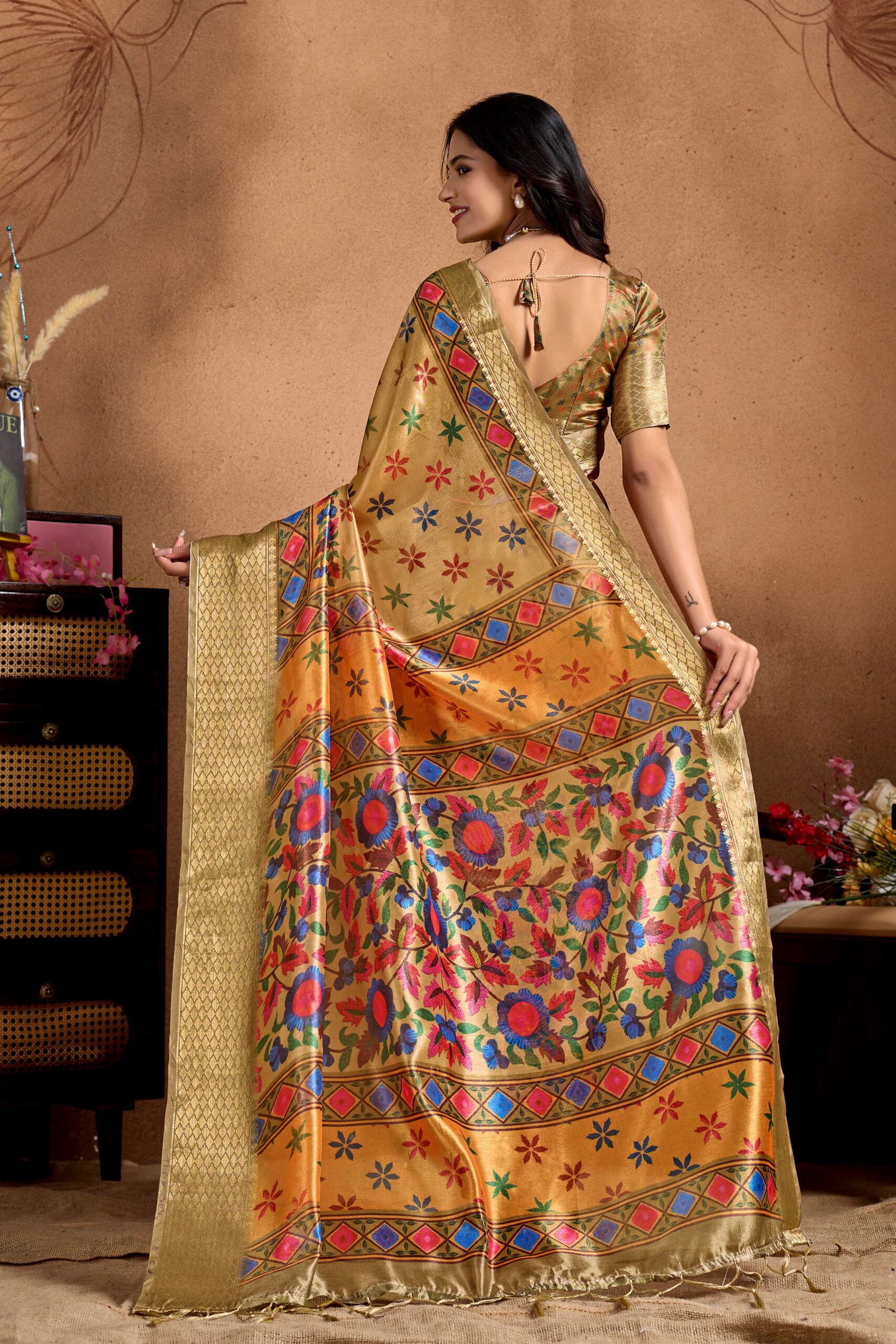 Golden Soft Silk Blend Saree with Multicolor Floral & Geometric Weave - Image 5