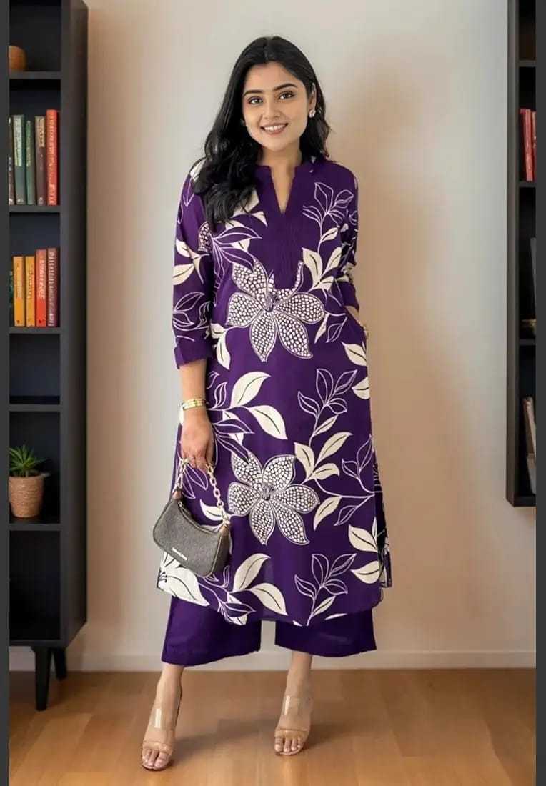 Women's Cotton Floral Printed Straight Kurti With Pant Set