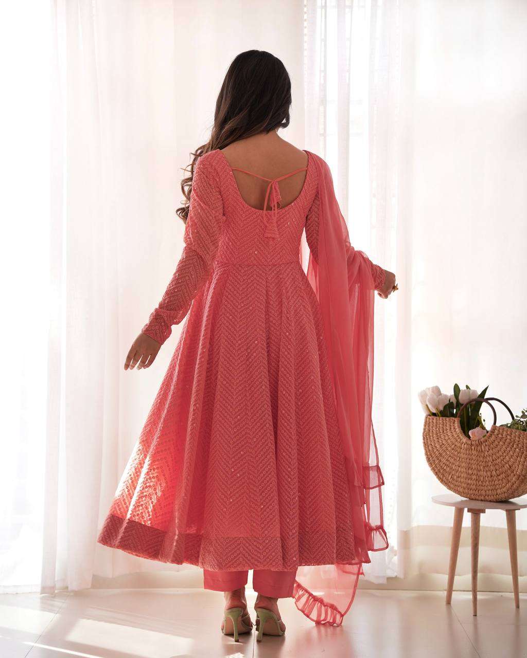 Womens Pure Romansilk Chanderi Embroidered Anarkali Kurti With Dupatta & Pant Set - Image 3