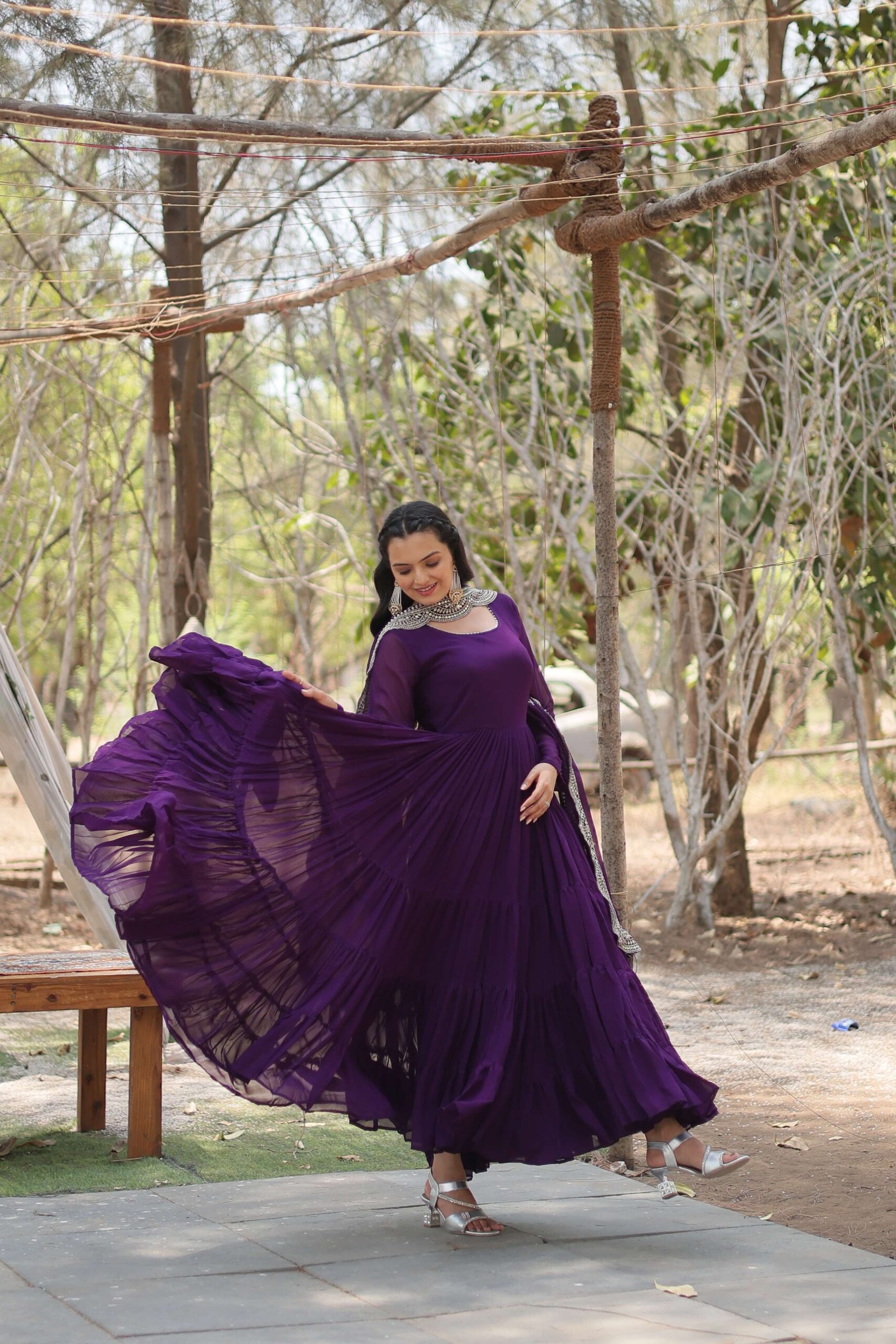 Purple Premium Faux Georgette Designer Gown with Sequined Dupatta ? Fully Flaired Ready-to-Wear Set