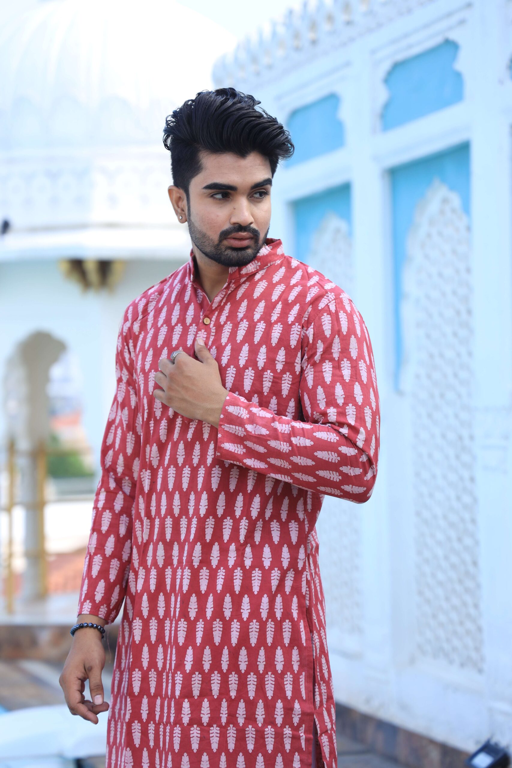 Mens Red Printed Cotton Kurta with White Pajama ? Traditional Ethnic Wear for Festive & Wedding - Image 3
