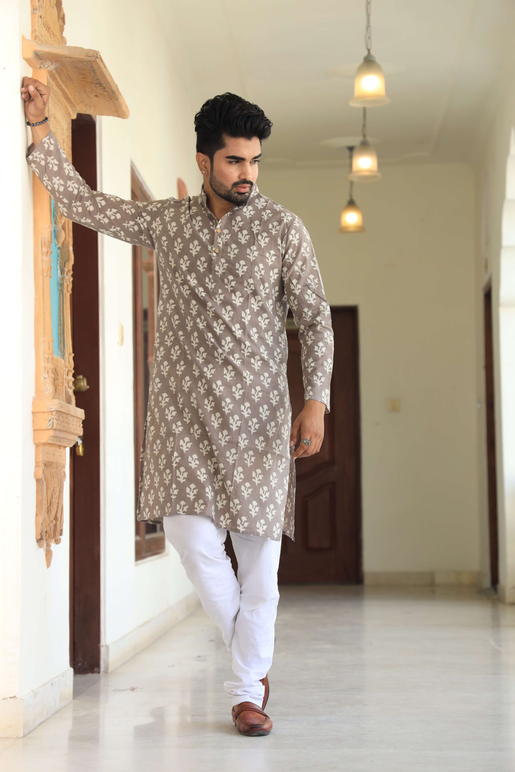 Mens Grey Printed Cotton Kurta with White Pajama ? Traditional Ethnic Wear for Festive & Wedding - Image 2