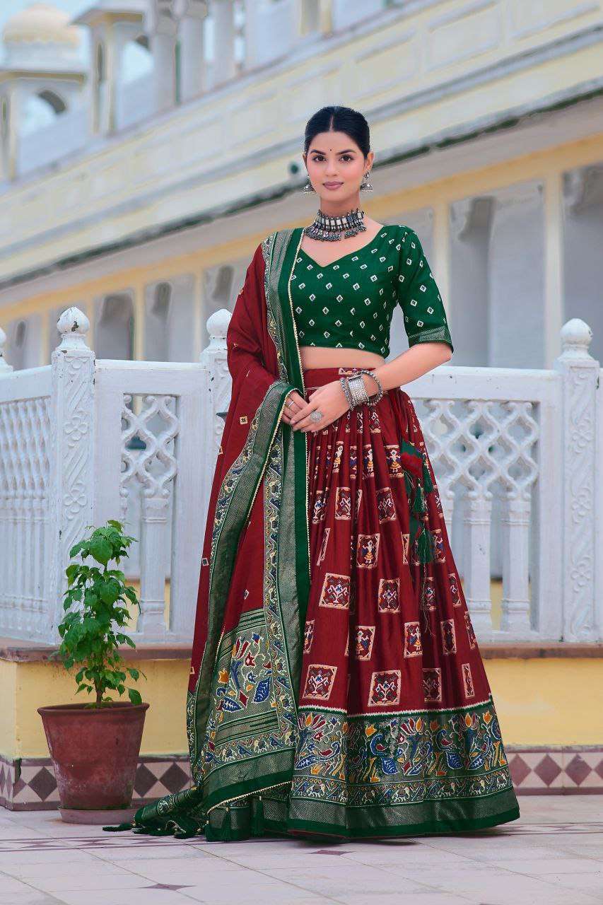 Maroon Tussar Silk Lehenga Choli with Dark Green Blouse | Bandhani Peacock & Foil Print | Wedding & Festive Wear - Image 3