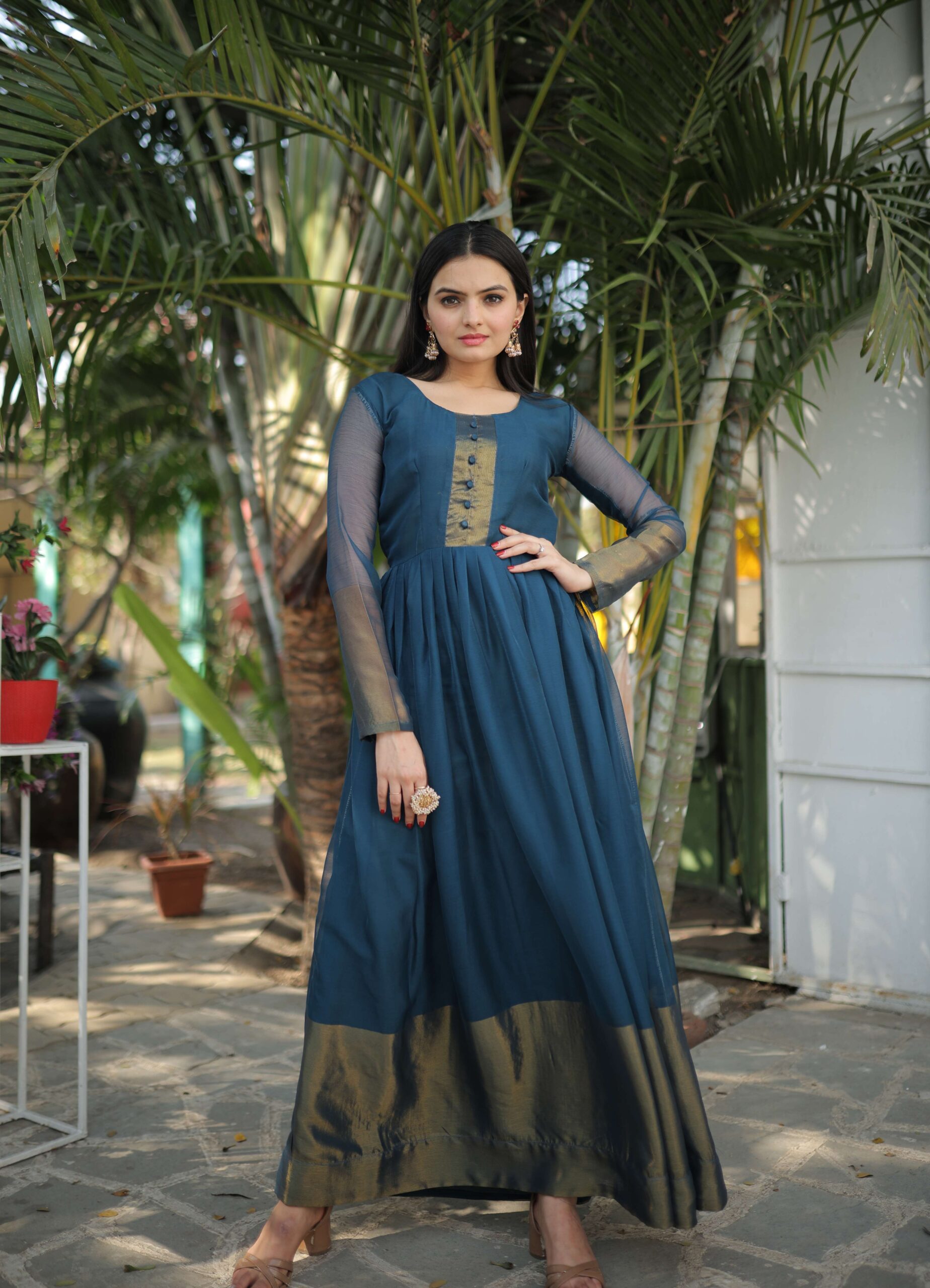 Rama Elegant Chiffon Designer Gown with Golden Zari Patta ? Premium Ready-to-Wear Dress - Image 3