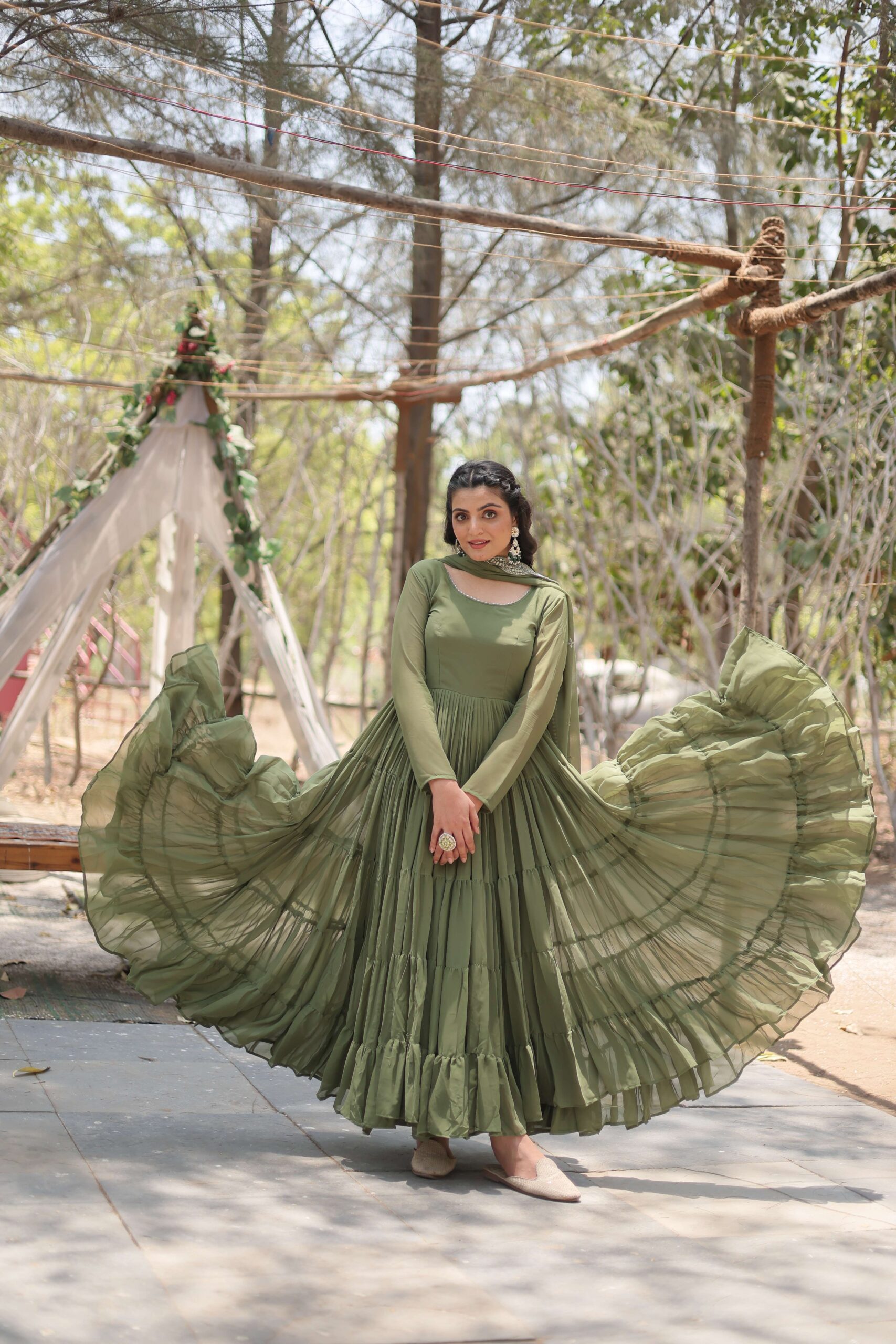 Mehandi Premium Faux Georgette Designer Gown with Sequined Dupatta ? Fully Flaired Ready-to-Wear Set - Image 8