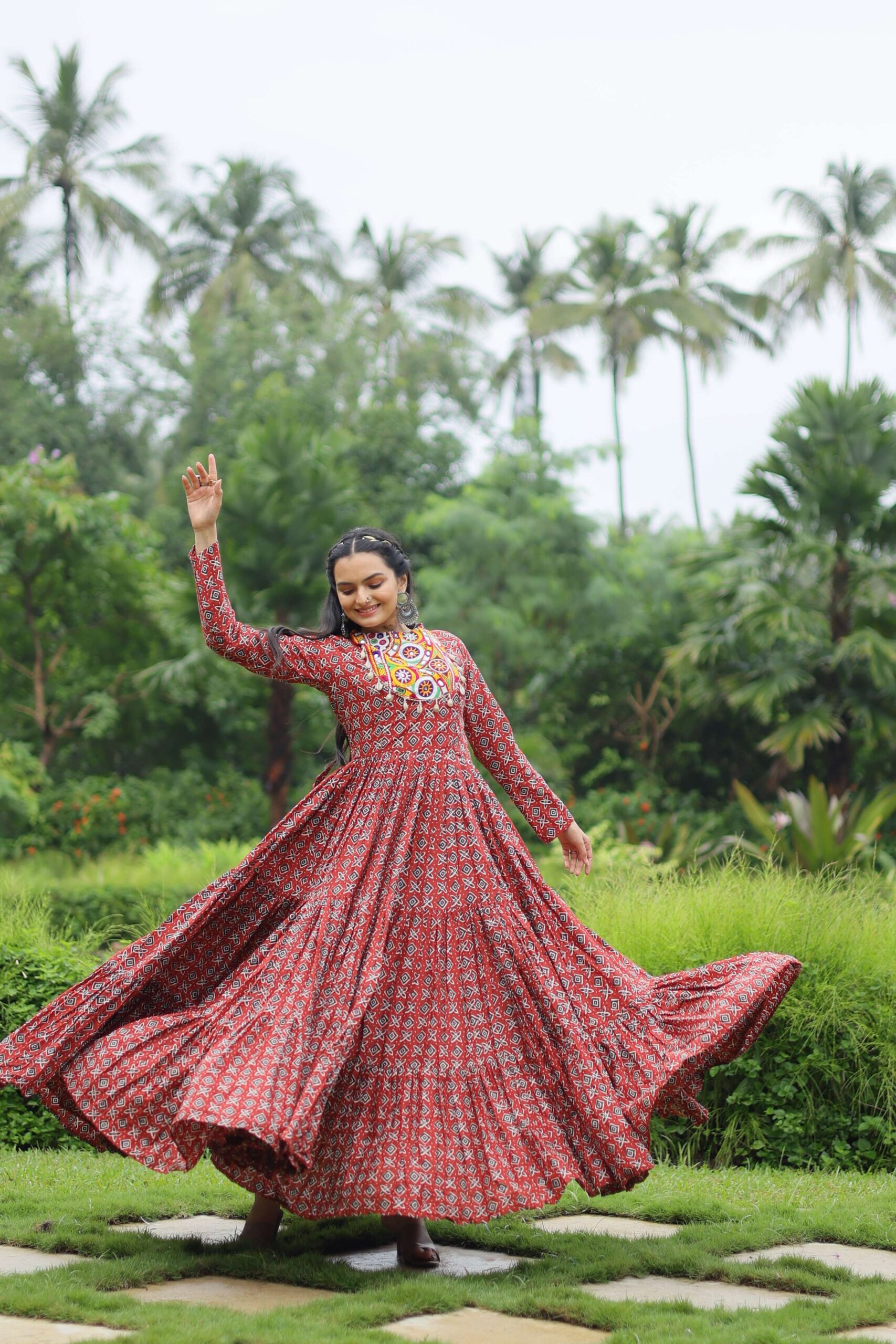 Maroon Designer Printed Cotton Gown with Kutchi Gamthi Lace & Kodi Work ? Maroon - Image 7