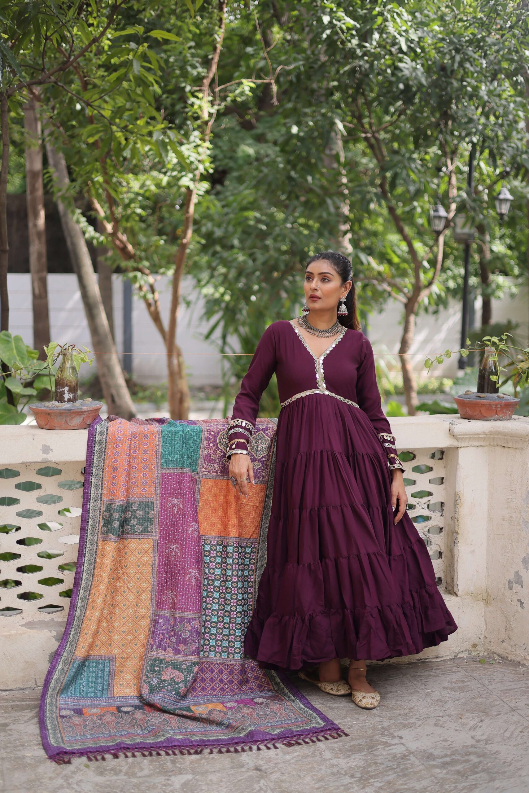 Wine Gown with Dupatta ? Frill Stitching & Mirror Lace Work Ethnic Set for Women