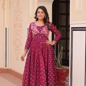 Wine Premium Position Print Choli Gown ? Ready-to-Wear Ethnic Collection