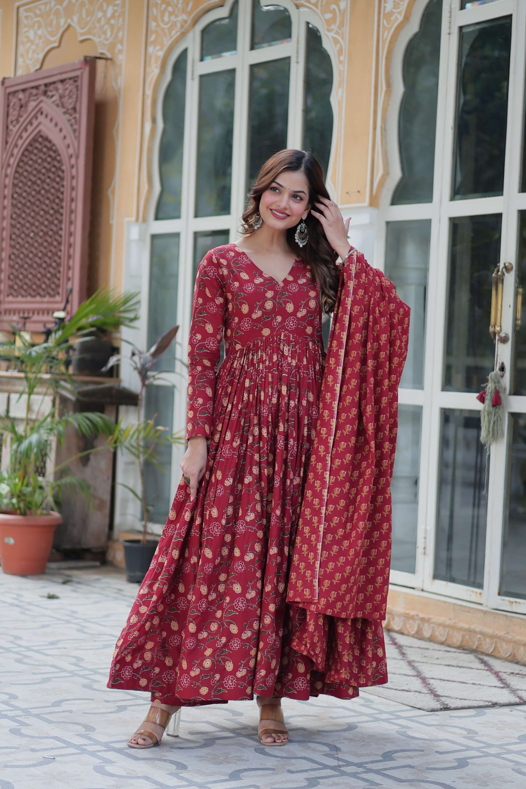 Maroon Premium Cotton Gown with Pant & Dupatta Set - Image 5