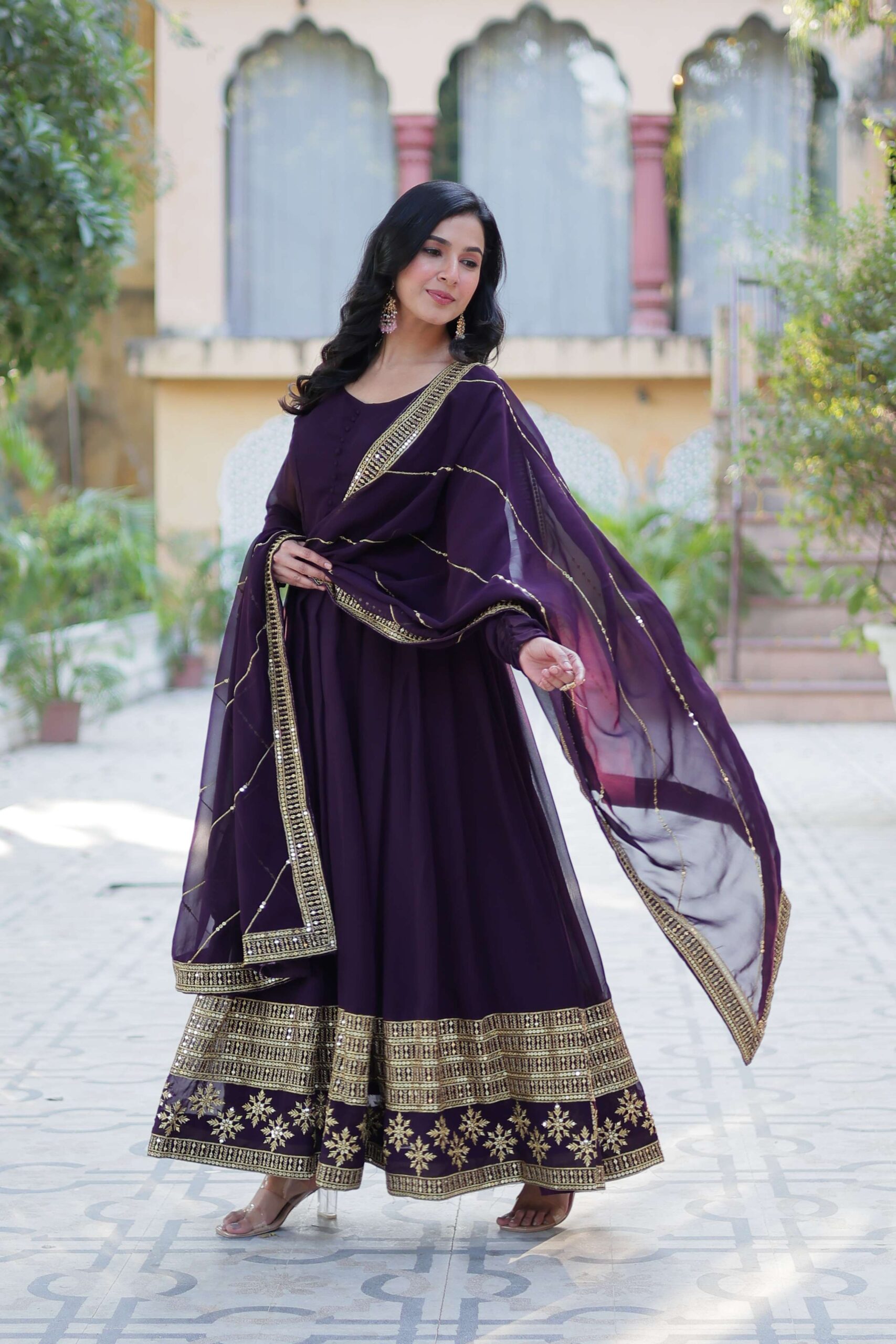 Wine Faux Blooming Gown with Multi-Sequins Embroidered Dupatta - Image 8