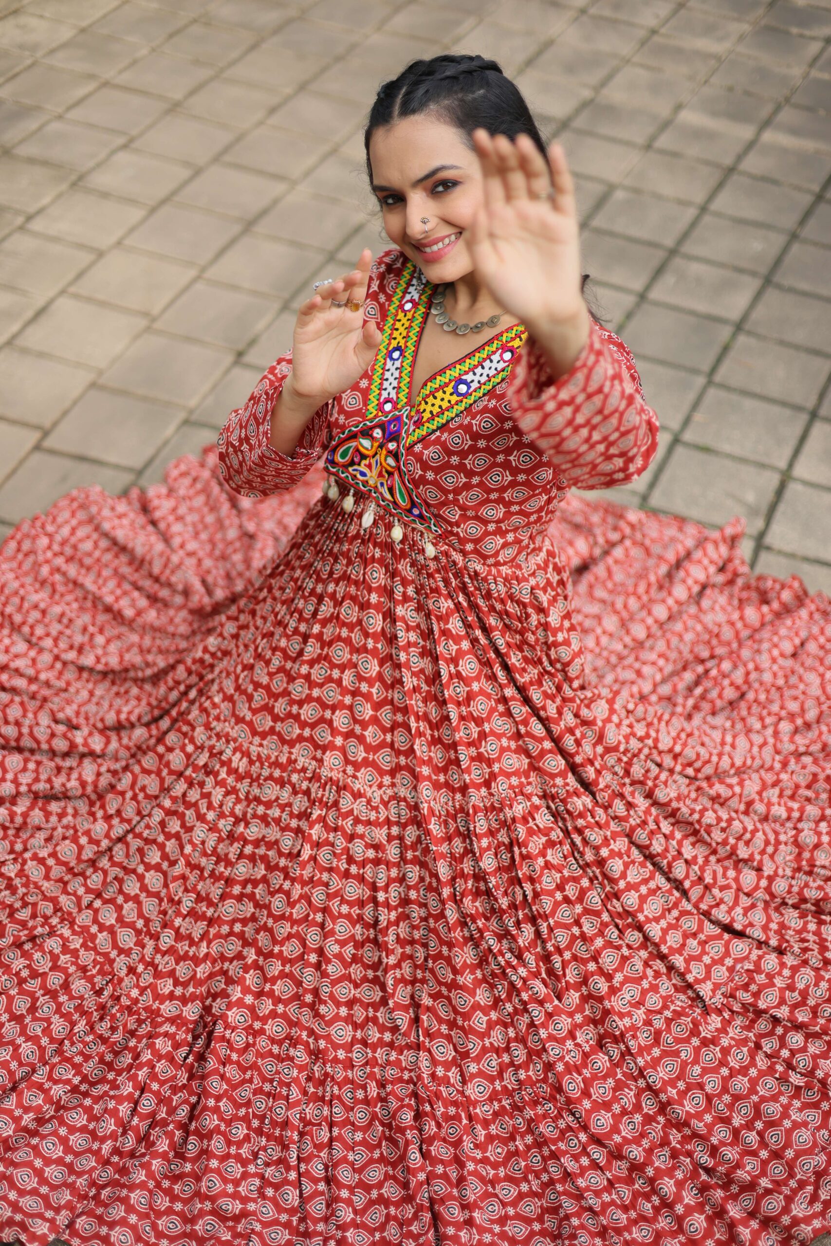 Maroon Designer Printed Cotton Gown with Kutchi Gamthi Lace & Kodi Work - Image 8