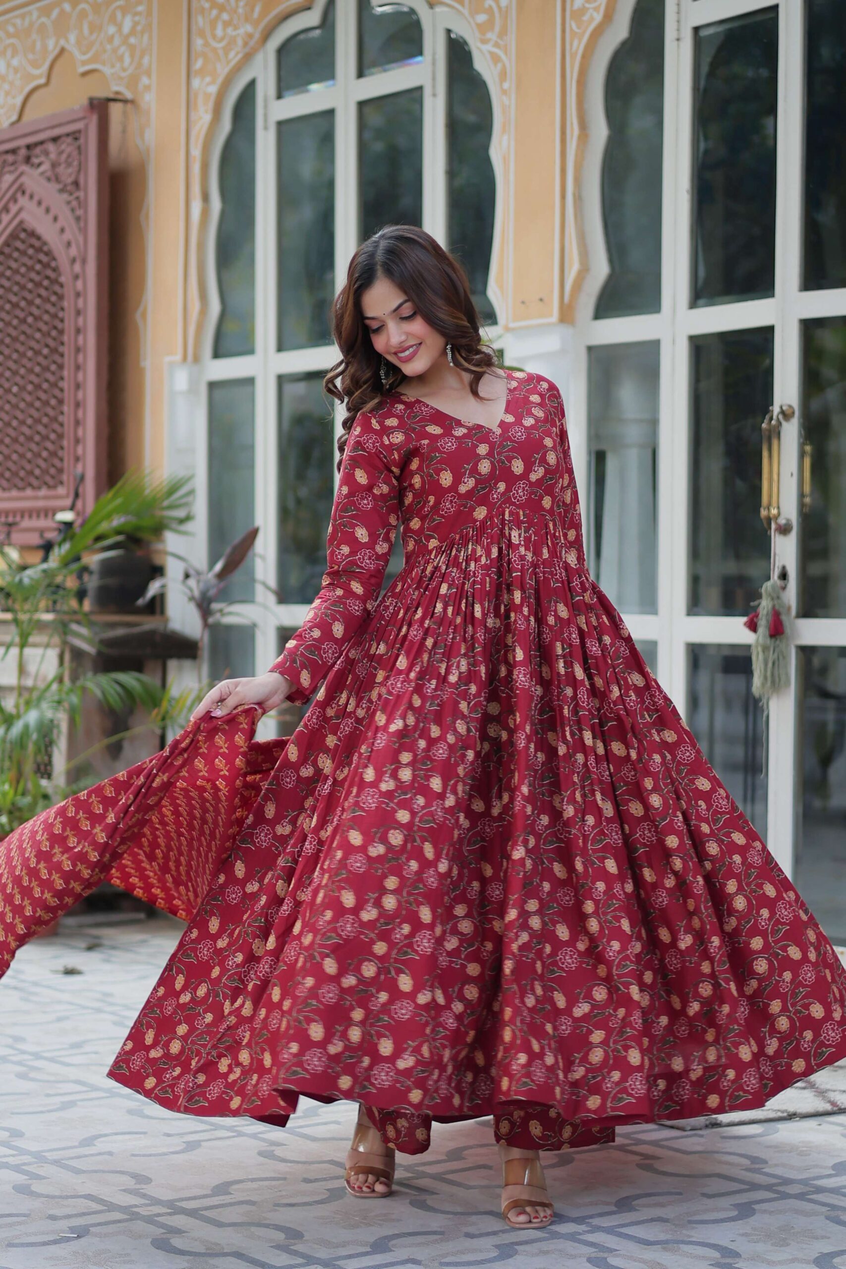 Maroon Premium Cotton Gown with Pant & Dupatta Set - Image 8