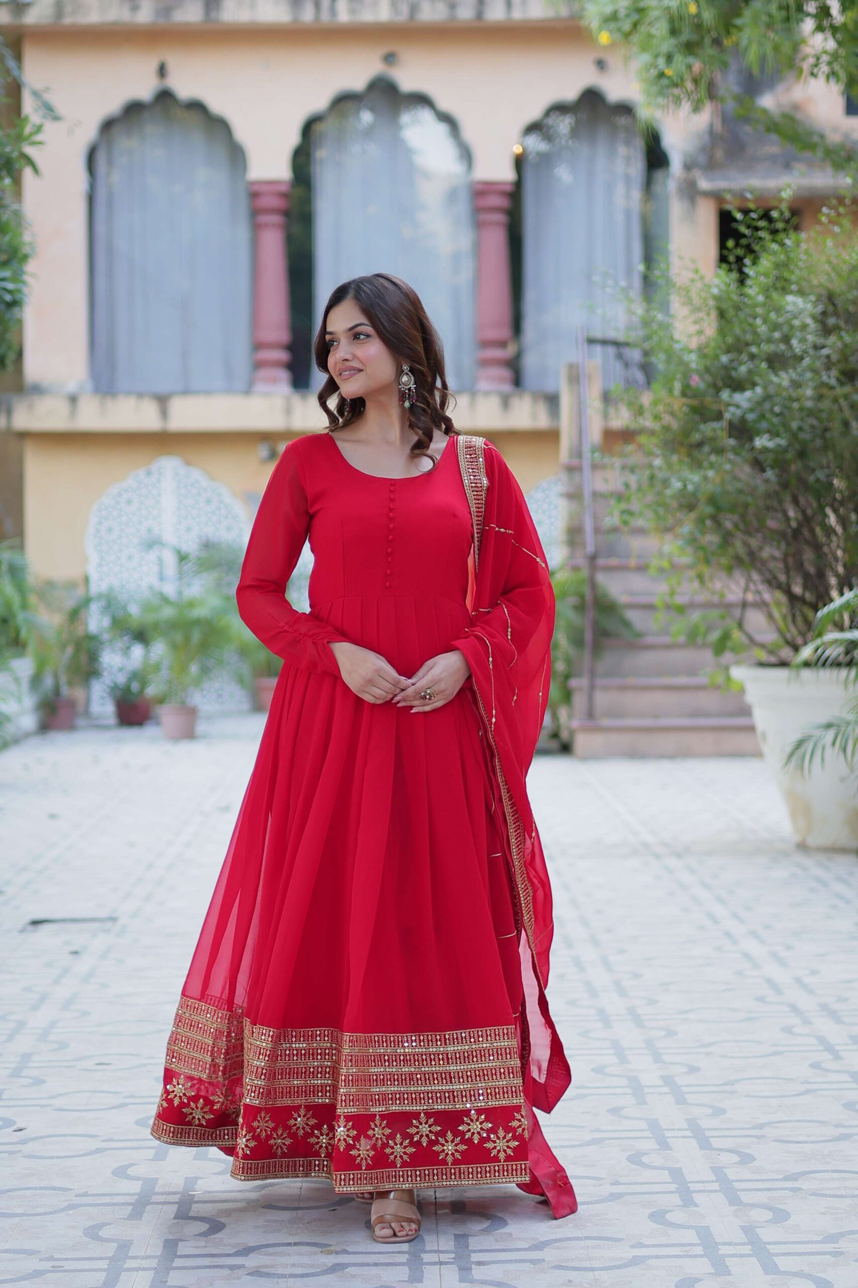 Red Faux Blooming Gown with Multi-Sequins Embroidered Dupatta - Image 8